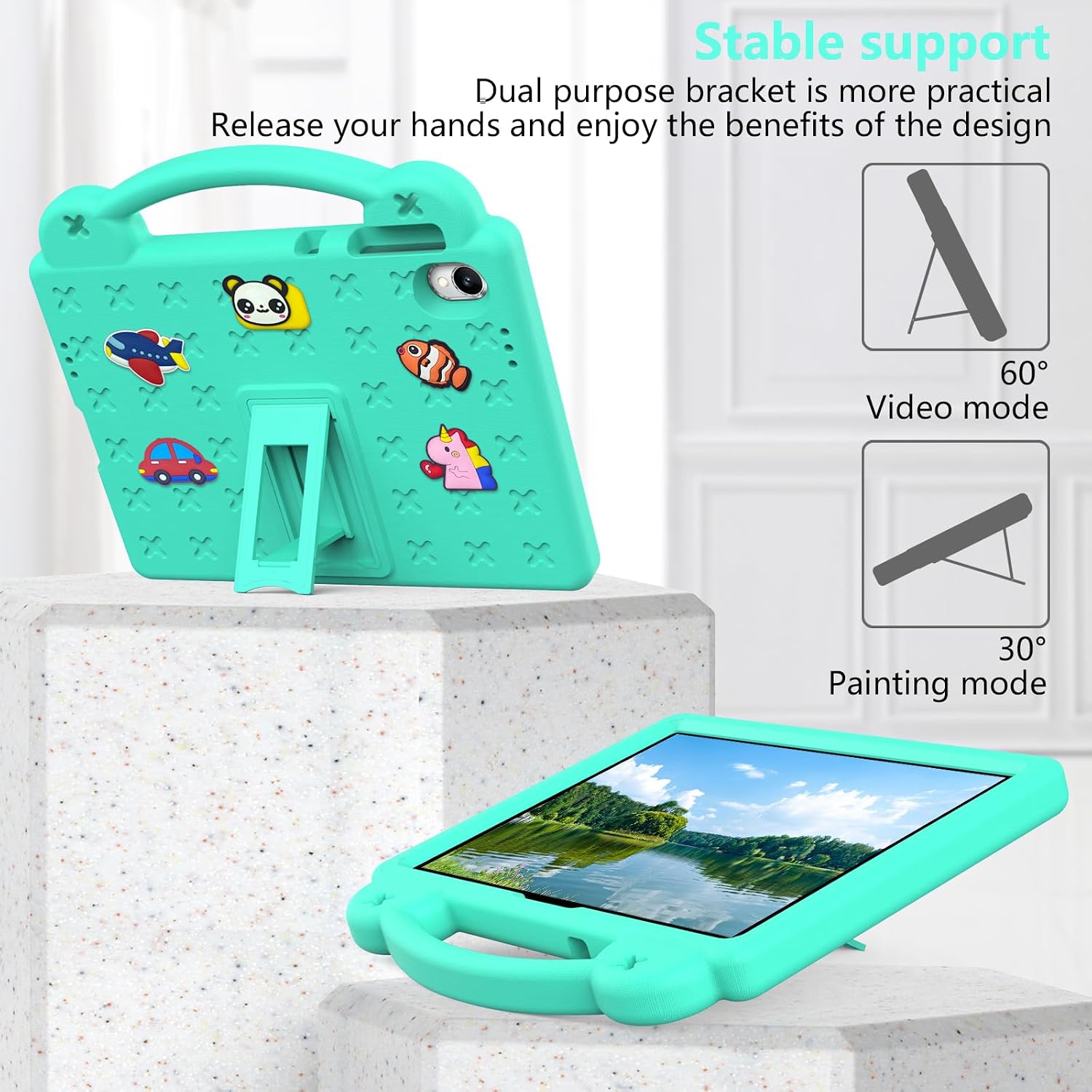 Dteck for Onn 11 inch Core Tablet (2026 Model) Soft EVA Foam Case with Shoulder Strap, Built-in Kickstand, Handle, Removable Cute 3D Cartoon Charms, Lightweight Shockproof Protective Kids Case, Mint image 2