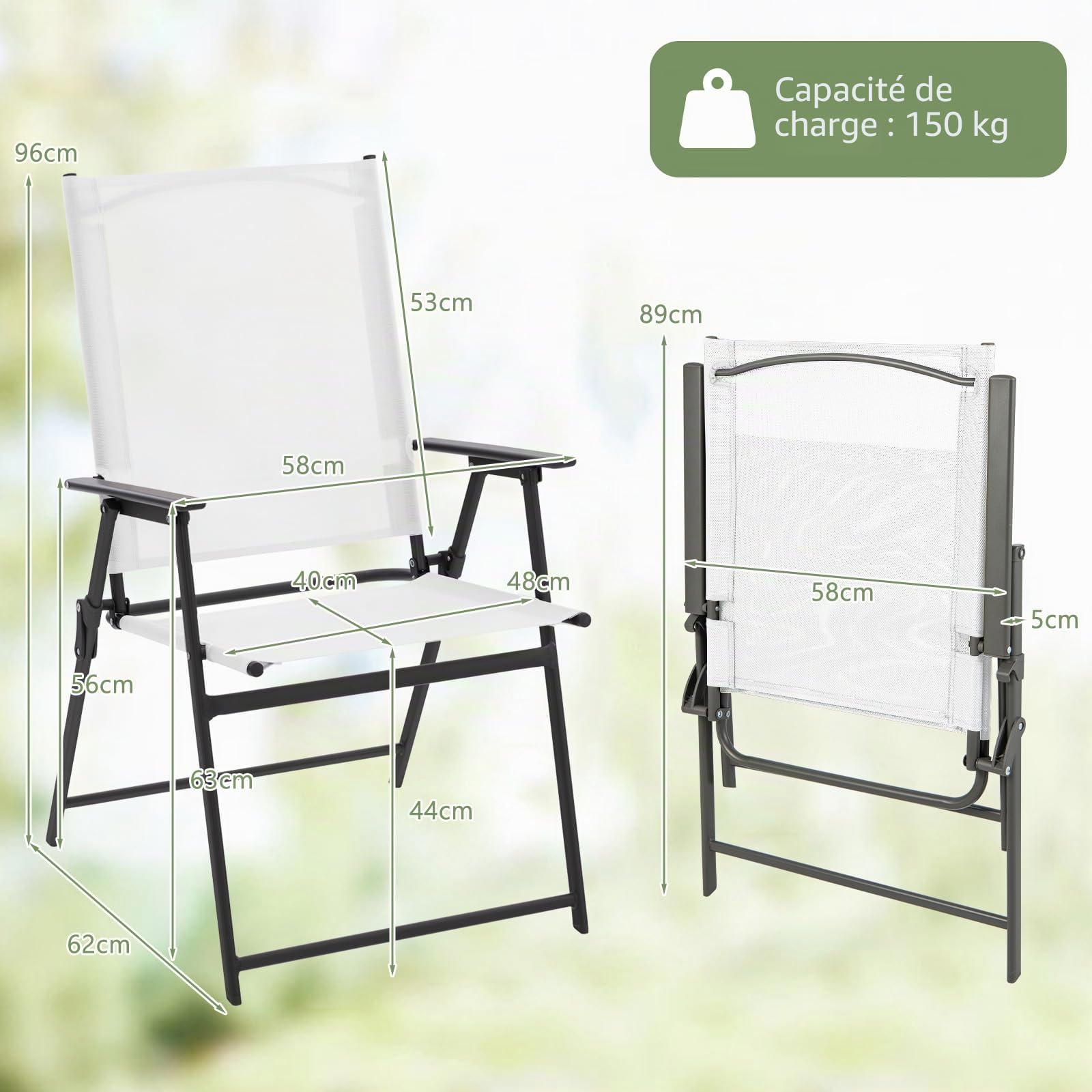 GIANTEX Lot de 4 chaises de Jardin Pliantes à Dossier Haut, pour Balcon, terrasse, avec Dossier et accoudoirs Hauts, en métal et Textile, Charge maximale : 150 kg, Blanches