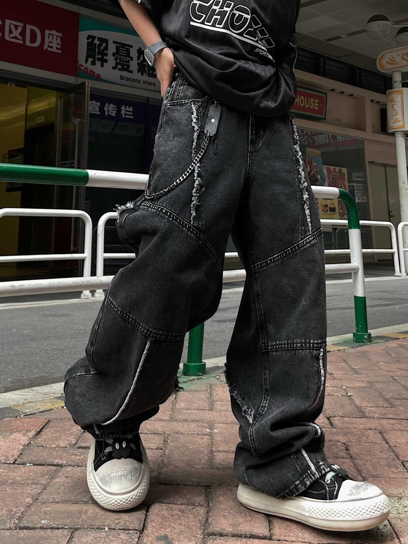 Baggy Jeans da uomo vintage look usato Y2K jeans con orlo francese, vestibilità larga, hip hop streetwear