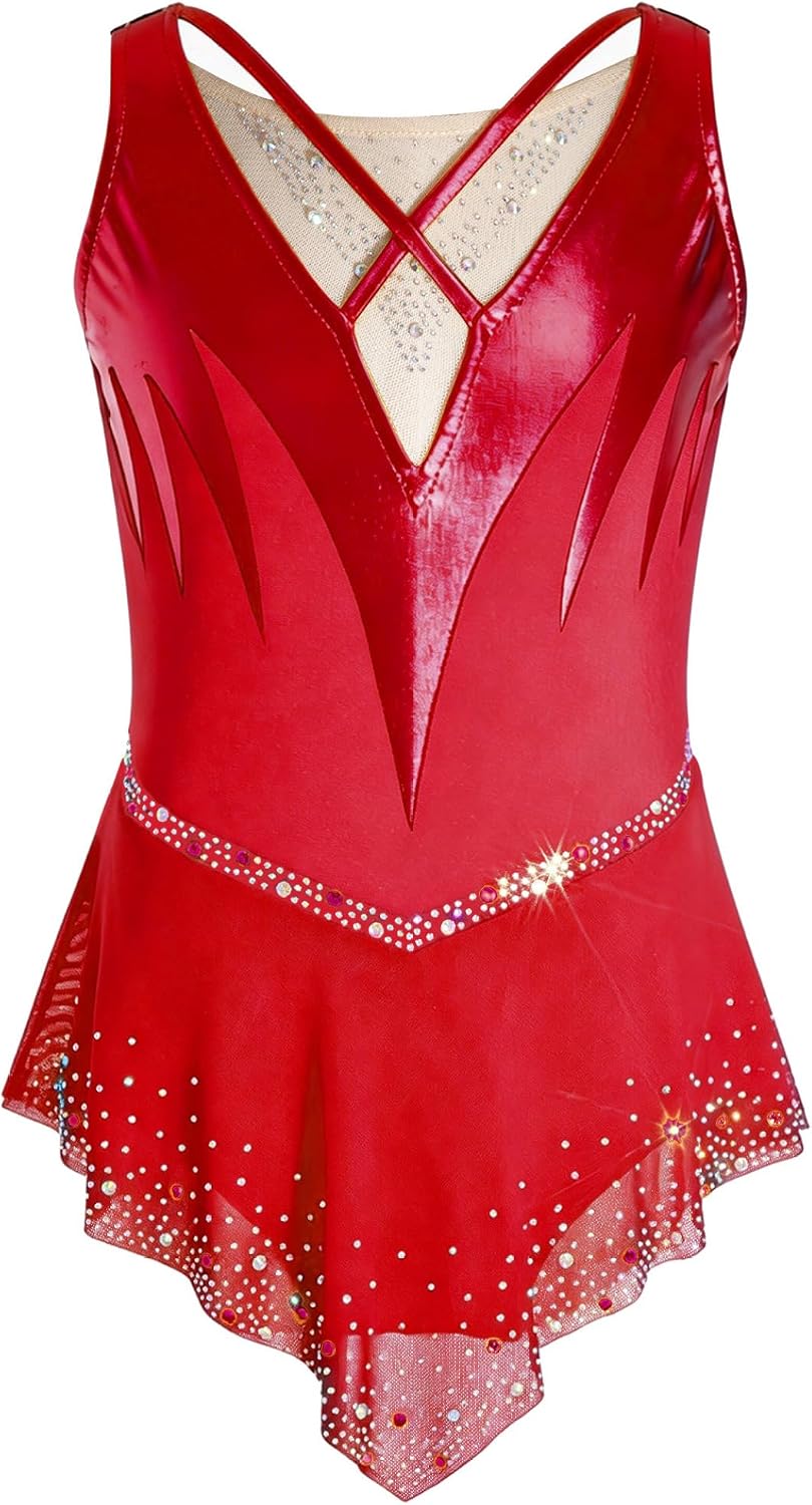 Kids Girls Figure Skating Dress Sleeveless Rhinestone Ballet Gymnastics Skirted Leotard for Performance