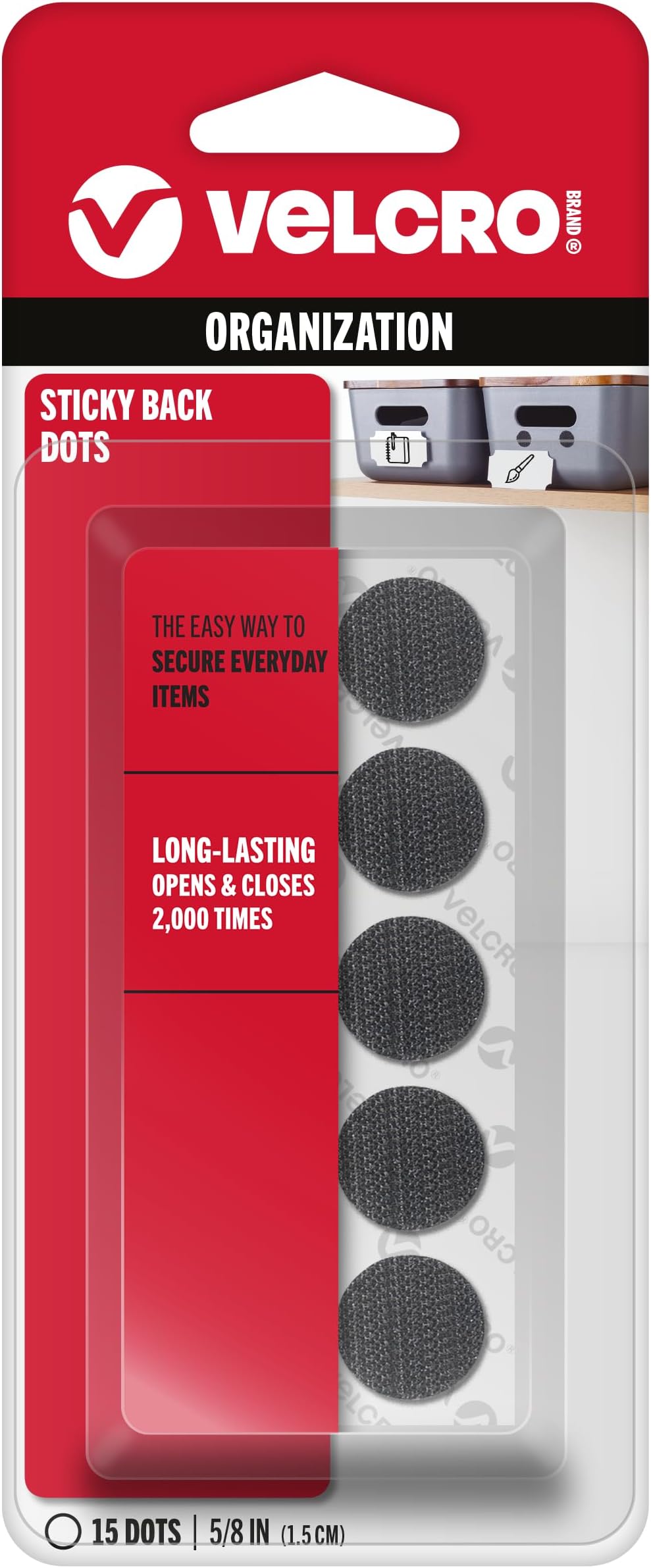 VELCRO Brand Sticky Back Hook and Loop Fasteners, Perfect for Home or Office, 5/8", Pack of 15, Black, Coins