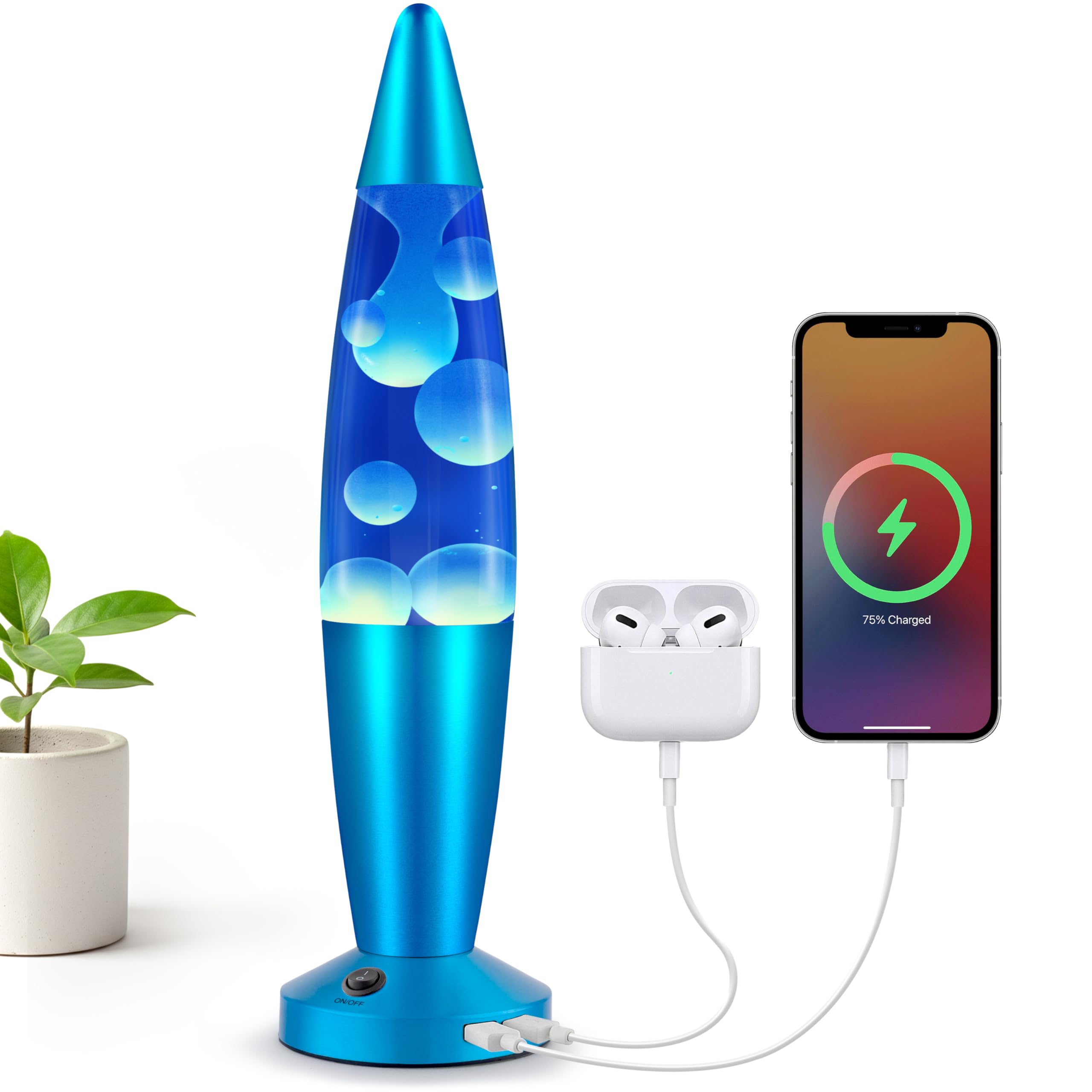 Jambo Beautiful Liquid Lamp with USB Ports,16" Motion Light with Blue Liquid White Wax, Relaxing Nightlight, Mood Light for Bedroom, Living Room, Office - Adults, Teens, Kids