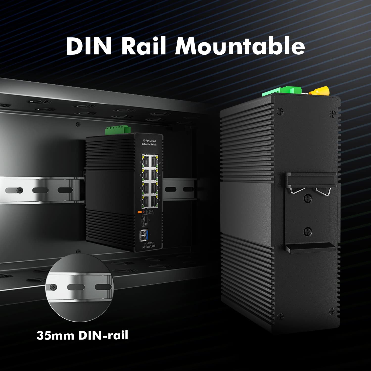 MokerLink Commutateur Ethernet 8 Ports Gigabit Industriel DIN chienen 2 Ports SFP avec 1 Module LC 20 KM, commutateur réseau IP40 Non géré (-40 à 185 °F), avec Bloc d'alimentation