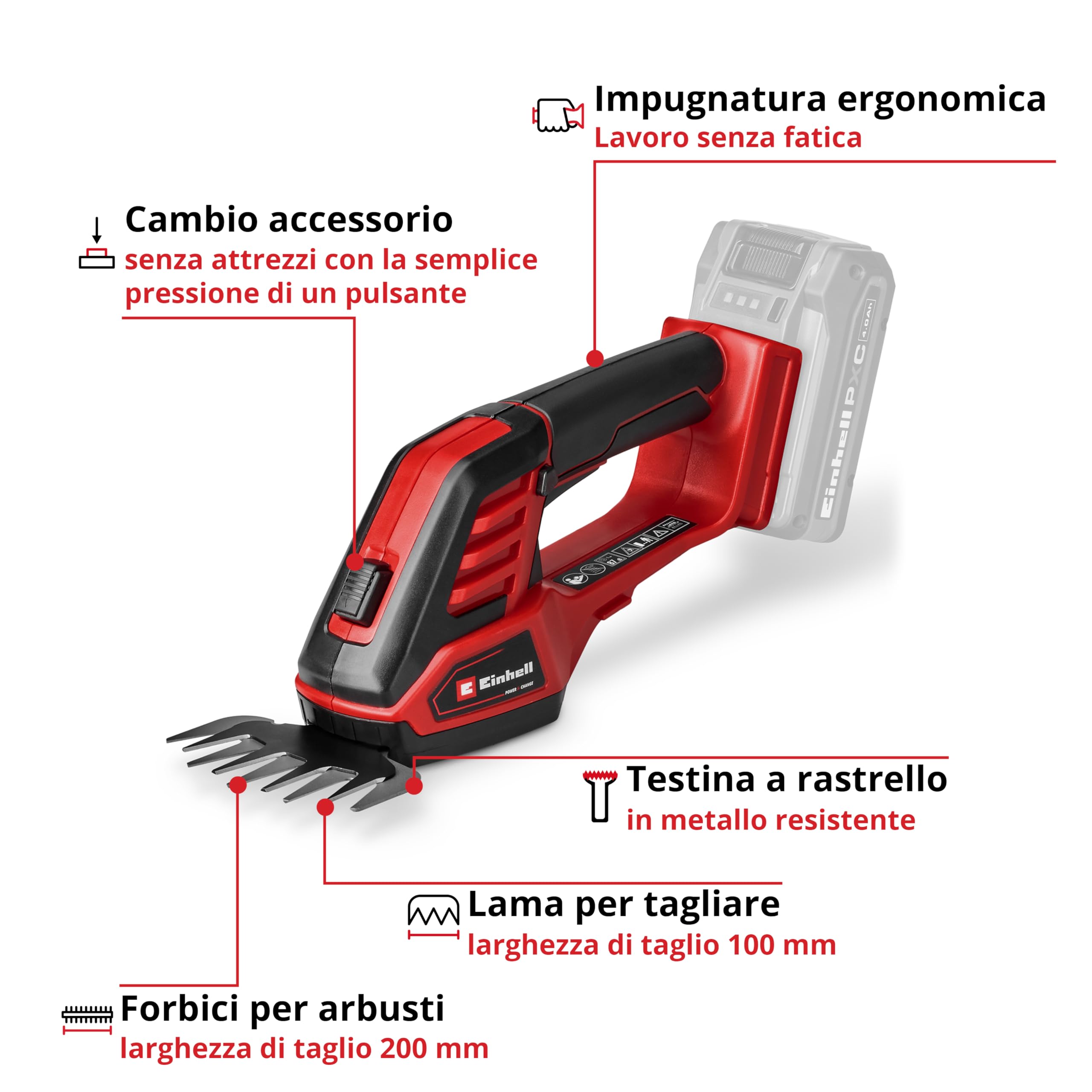 Cesoie per erba e cespugli a batteria Einhell GE-CG 18/100 Li - 3 in 1-Solo Power X-Change (18 V, incl. lama tagliaerba 100 mm, cesoie per arbusti 200 mm, testina a rastrello, senza batteria)