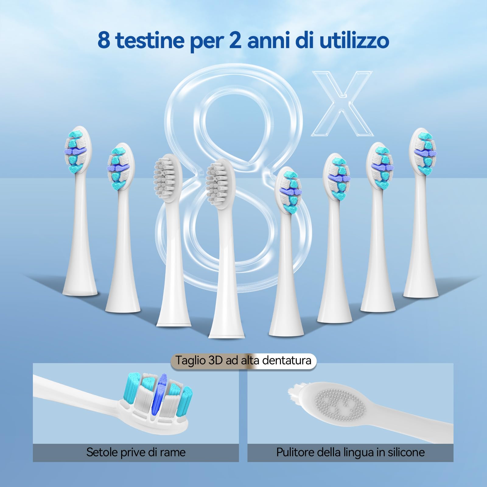 Seago spazzolino elettrico con sensore di pressione con porta spazzolino elettrico, 8 Testine, 40000 VPM, 5 Modalità, Timer da 2 Min, IPX7, Per Adatto alle persone sensibili, Adulti, Bianco (Blu)