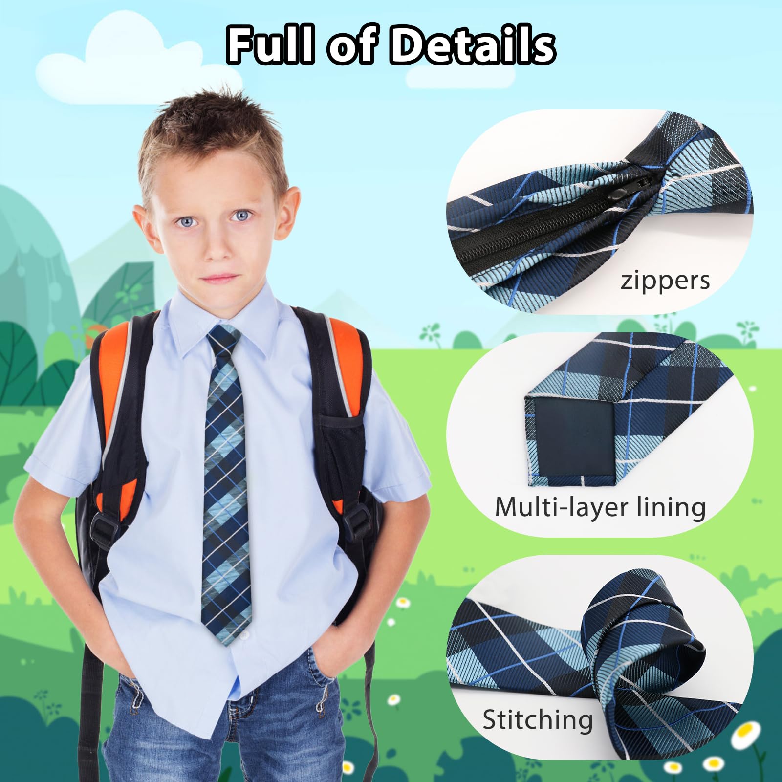 LJBFNN Jungen Krawatte, kariert, Reißverschluss für Jungen, Krawatten, 8–10, 10–12 Jahre, verstellbare Schul-Krawatte für Uniform, Hemden, Schulabschluss