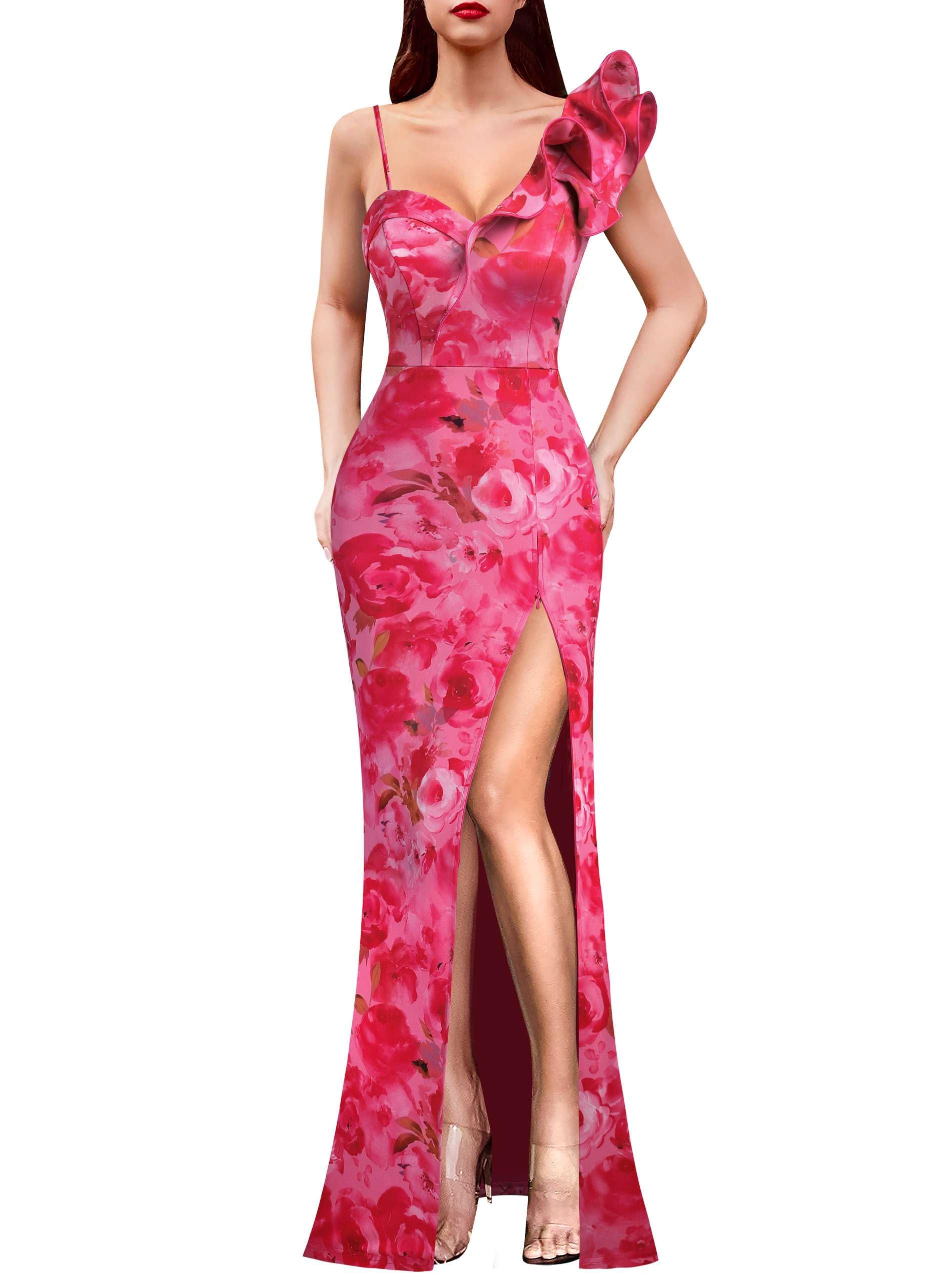VFSHOW Womens Ruffle One Shoulder Formal Prom Gala Maxi Dress Evening Gown