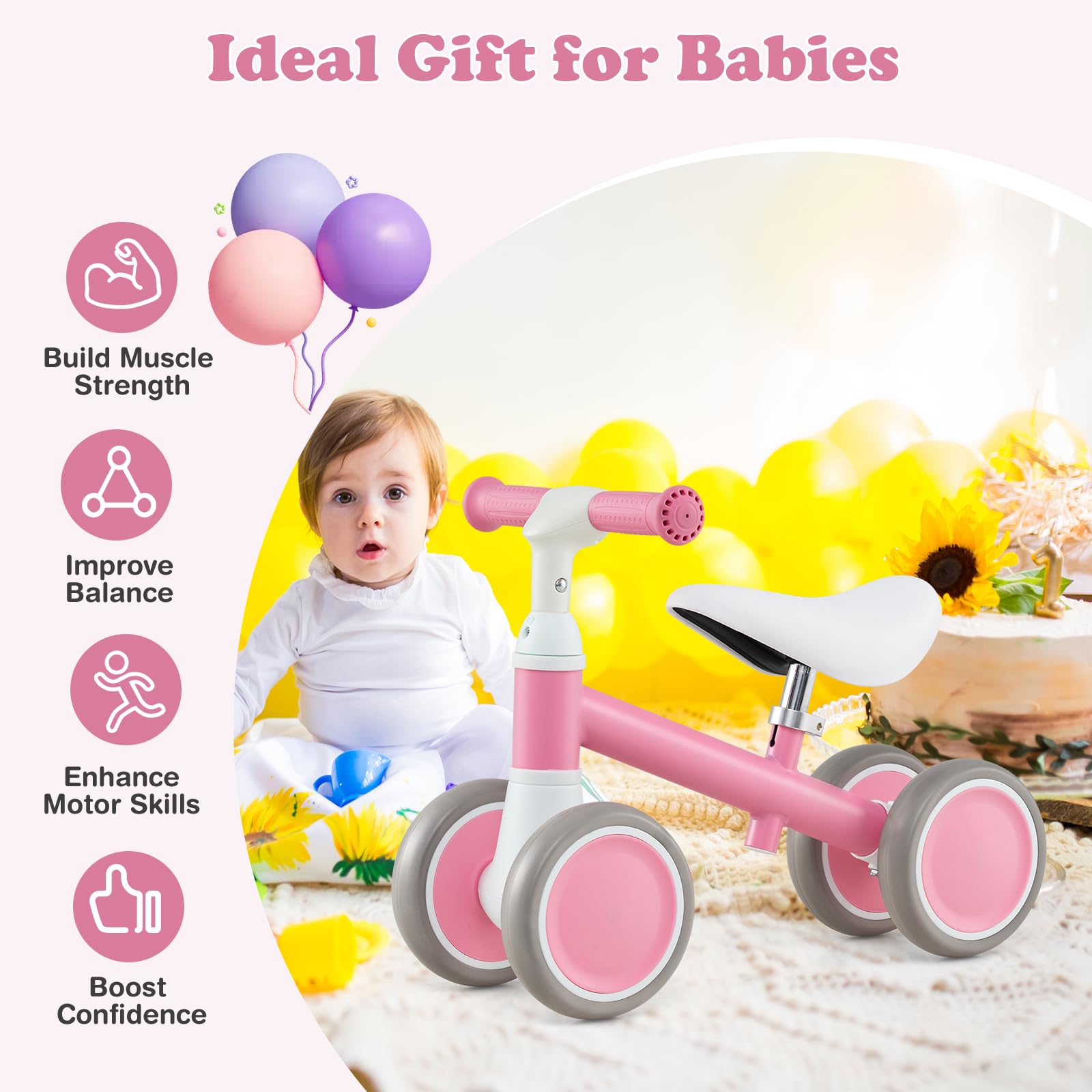 SOARS Bicicletta Senza Pedali Bambini 1-3 Anni, Balance Bike con Seduta Regolabile 26,5-31,5 CM, 2 Ruote EVA Antiscivolo, Volante Sterzo Limitato a 80°, Carico 25 KG, Regalo Bambina