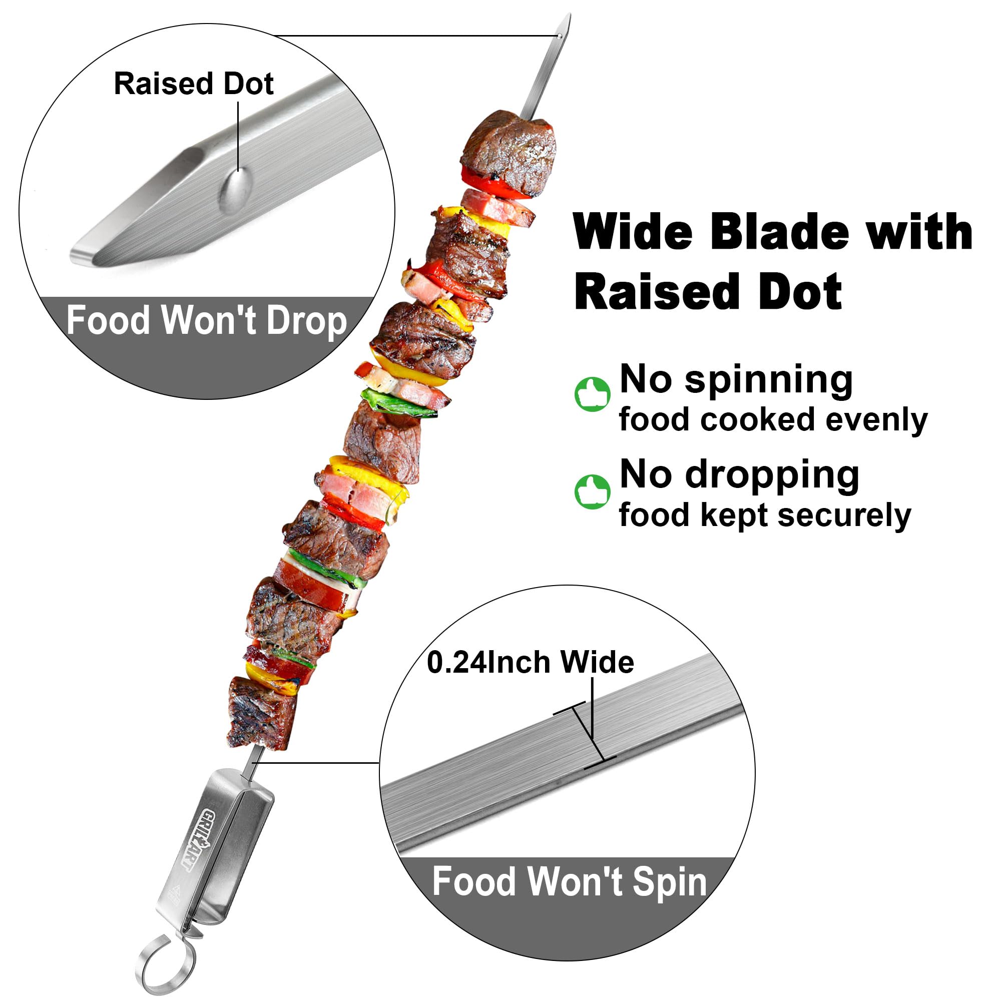 GRILLART Spiedini per grigliare – Spiedini in metallo per kabob con cursore – Spiedini piatti per barbecue in acciaio inox – Spiedini da 43,2 cm per shish kabob e bastoncini ideali per carne,