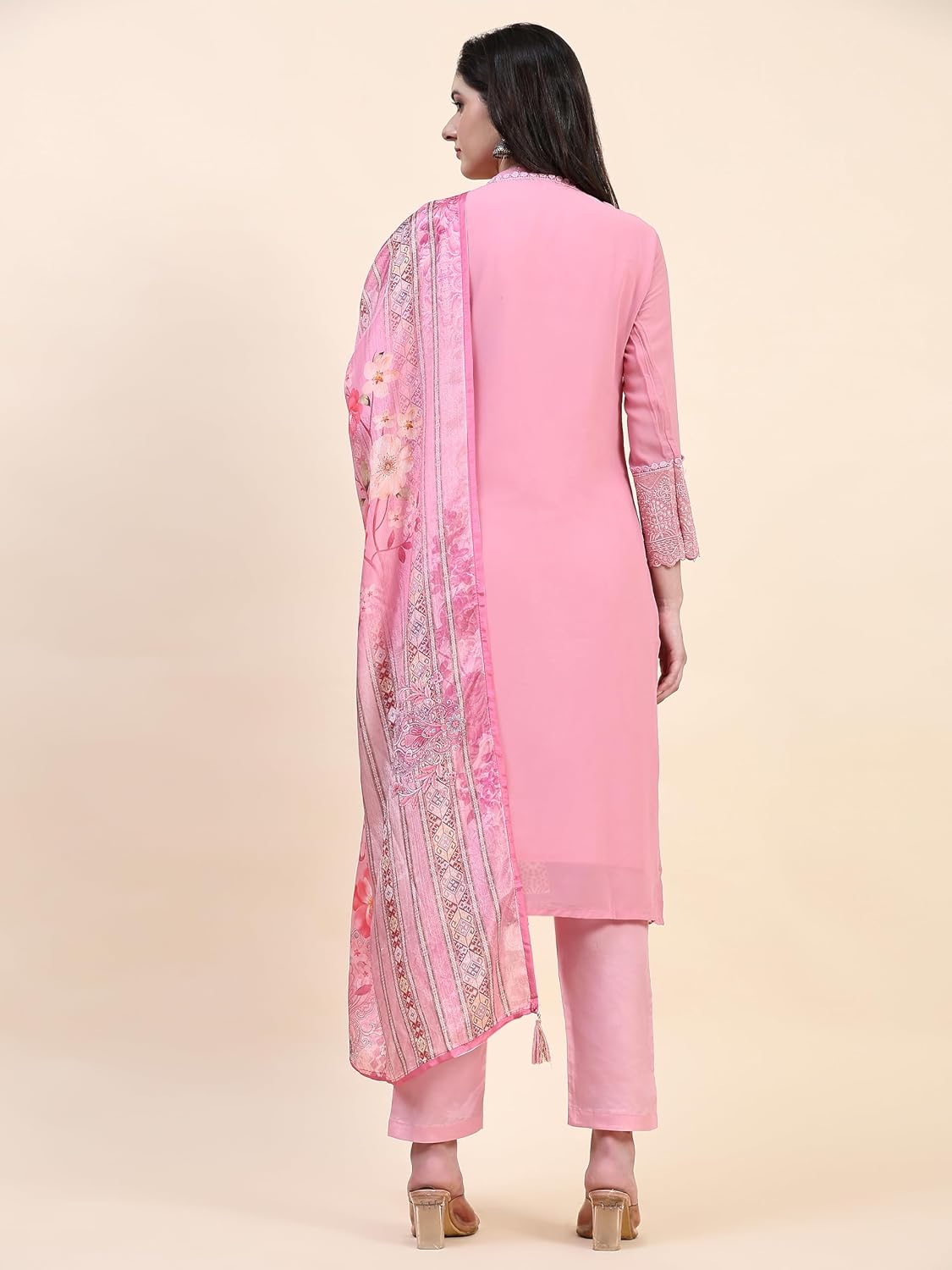 TRENDMALLS Women's Georgette Embroidery Salwar Suit Set Kurta Pant with Dupatta (G157-LightPink-M)