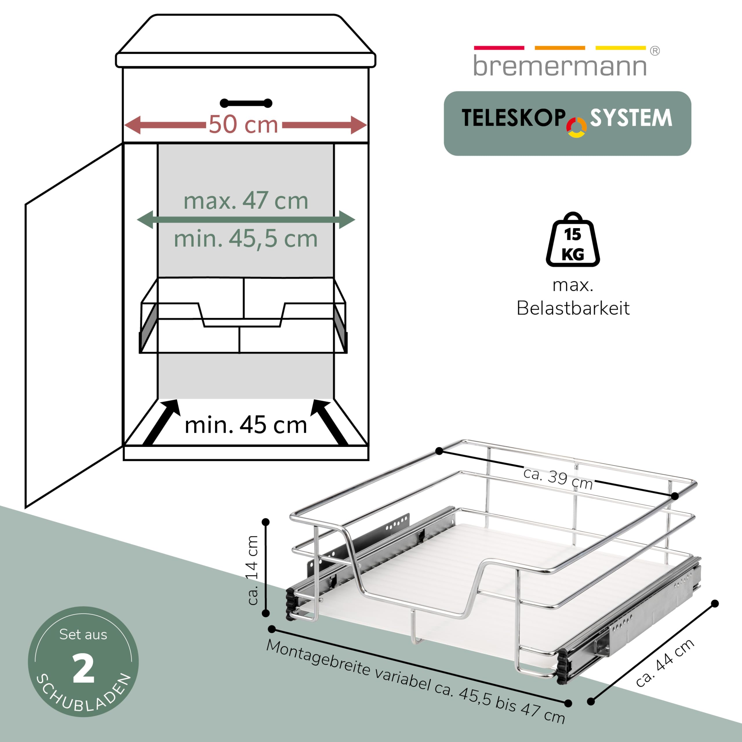 bremermann Teleskopschubladen 2er Set - 50 cm mit Einlegeboden, K�chenschublade zum Nachr�sten, Vollauszug mit Teleskop-Schienen, ideal f�r K�che, Bad & Schlafzimmer, aus Metall (Chrom)