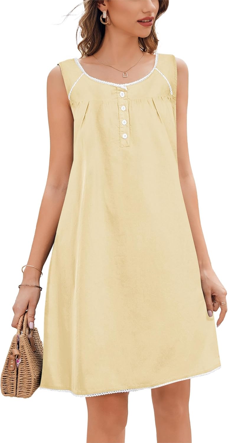 Ekouaer Women Cotton Nightgown Button Sleep Dress Lace Soft Sleep Dress Sleeveless Night Shirts Pajama Dress
