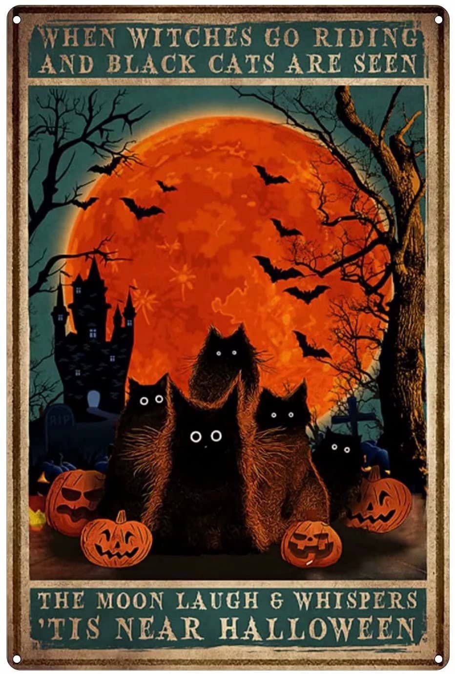 Tin Sign Halloween Black Cat Wall Retro Tin Sign,Bathroom Decoration for Bars,Restaurants,Cafes and Bars,New Year,Metal Sign 12x16 Inches