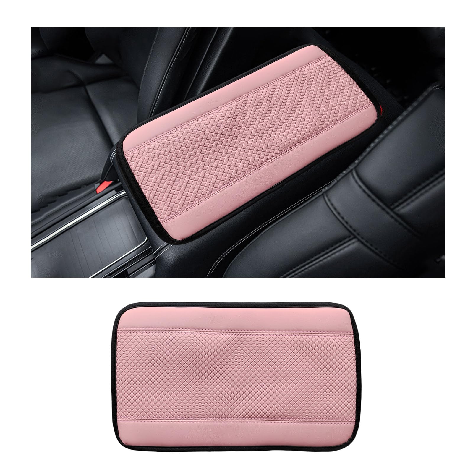 Car Center Console Pad, Waterproof Leather Auto Armrest Cover Protector, Non Slip Arm Rest Seat Storage Box Mat, Universal Interior Decor Accessories for Most Vehicles (Pink)