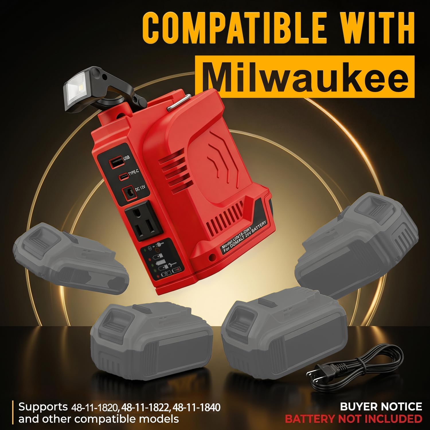 180W Portable Power Inverter Compatible with Milwaukee 18V Battery, AC Input Dual Charging, 360° LED Light, Battery Gauge, USB-C PD/USB QC 3.0/DC Port/AC Outlet, for Camping, Emergency Use (Tool Only)