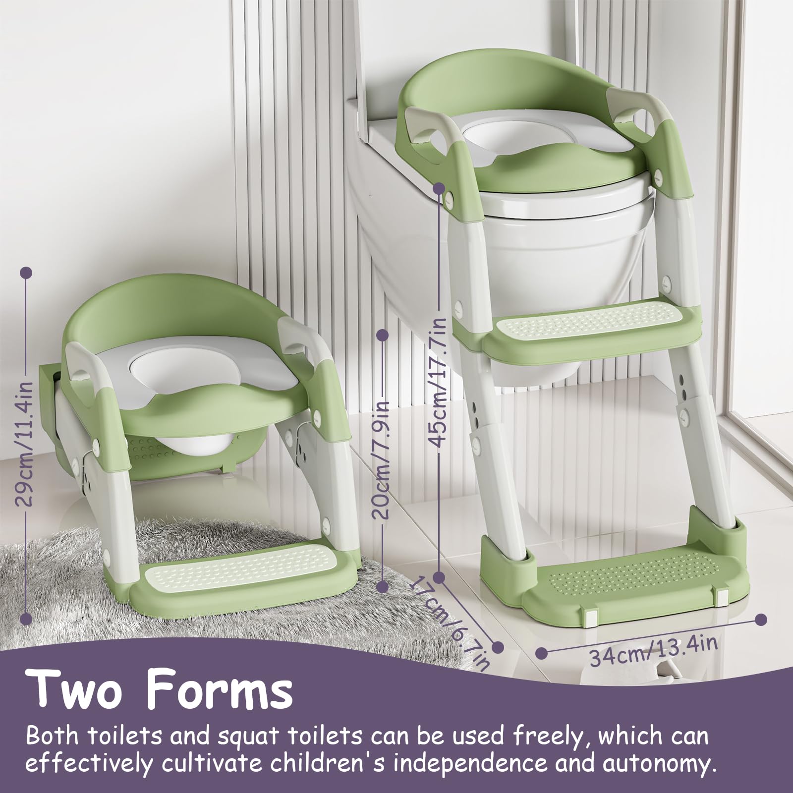 Vasino 3 in 1 con scaletta WC per bambini e bambine, con orinatoio, antiscivolo, scaletta e paraspruzzi, verde
