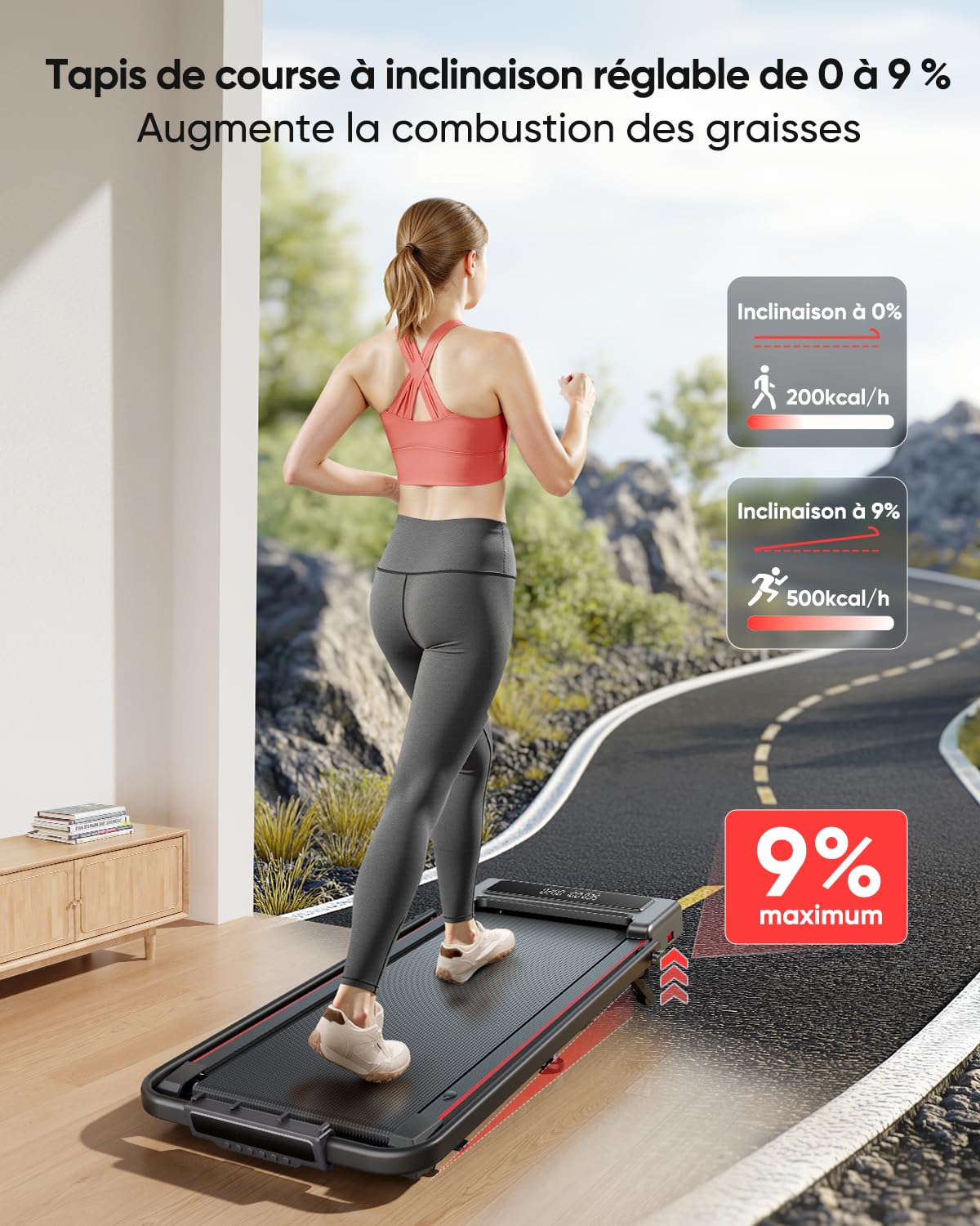 4en1Tapis de Course, inclinable de 9%,12km/h,Tapis de Marche Pliable,Foldable Treadmill,Walking Pad,Compact et Portable,2.5 HP, Peut être placé sous Le canapé,Double écran LED, adapté au Bureau