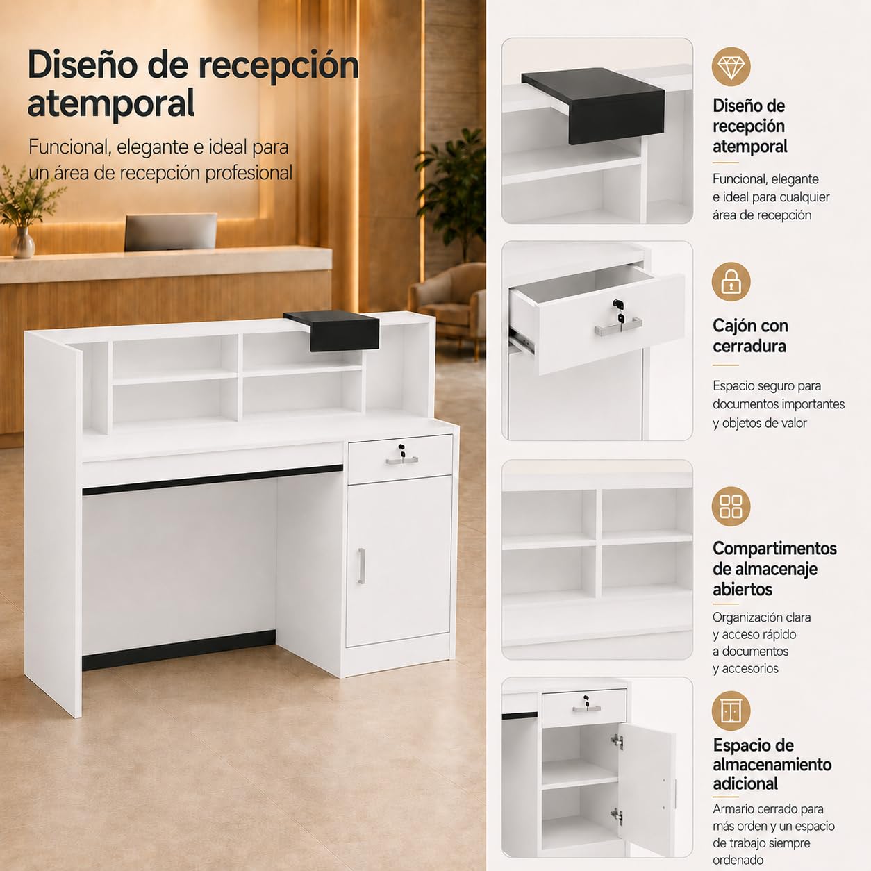 Mostradores de recepción, mostradores de recepción, mostrador de recepción con estante extraíble, mostrador de recepción, mostrador de recepción con placas decorativas negras, muebles de