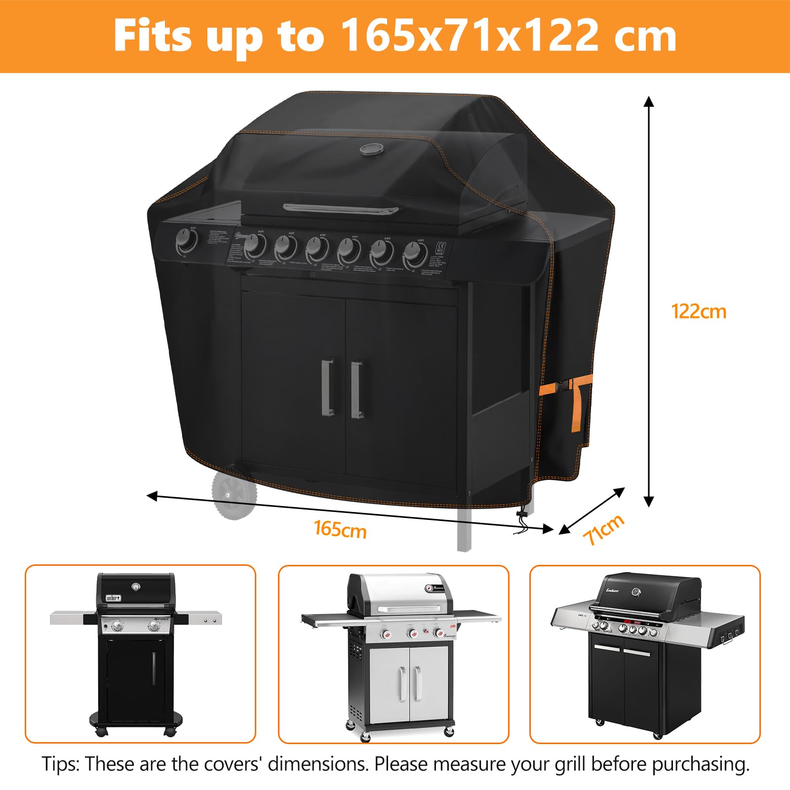 Funda Barbacoa Exterior Impermeable, 420D Oxford Cubierta BBQ de Parrilla 165x71x122cm, Fundas Protectora para Barbacoa Anti-Viento/Anti-Polvo/Anti-Humedad/Anti UV, Resistente al Desgarro Negro