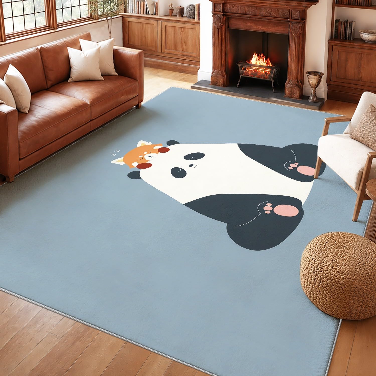 Generisch Tappeto per soggiorno lavabile, a pelo corto, antiscivolo, accogliente con panda e orsacchiotto, per soggiorno, camera da letto, cameretta dei bambini, 80 x 120 cm, blu