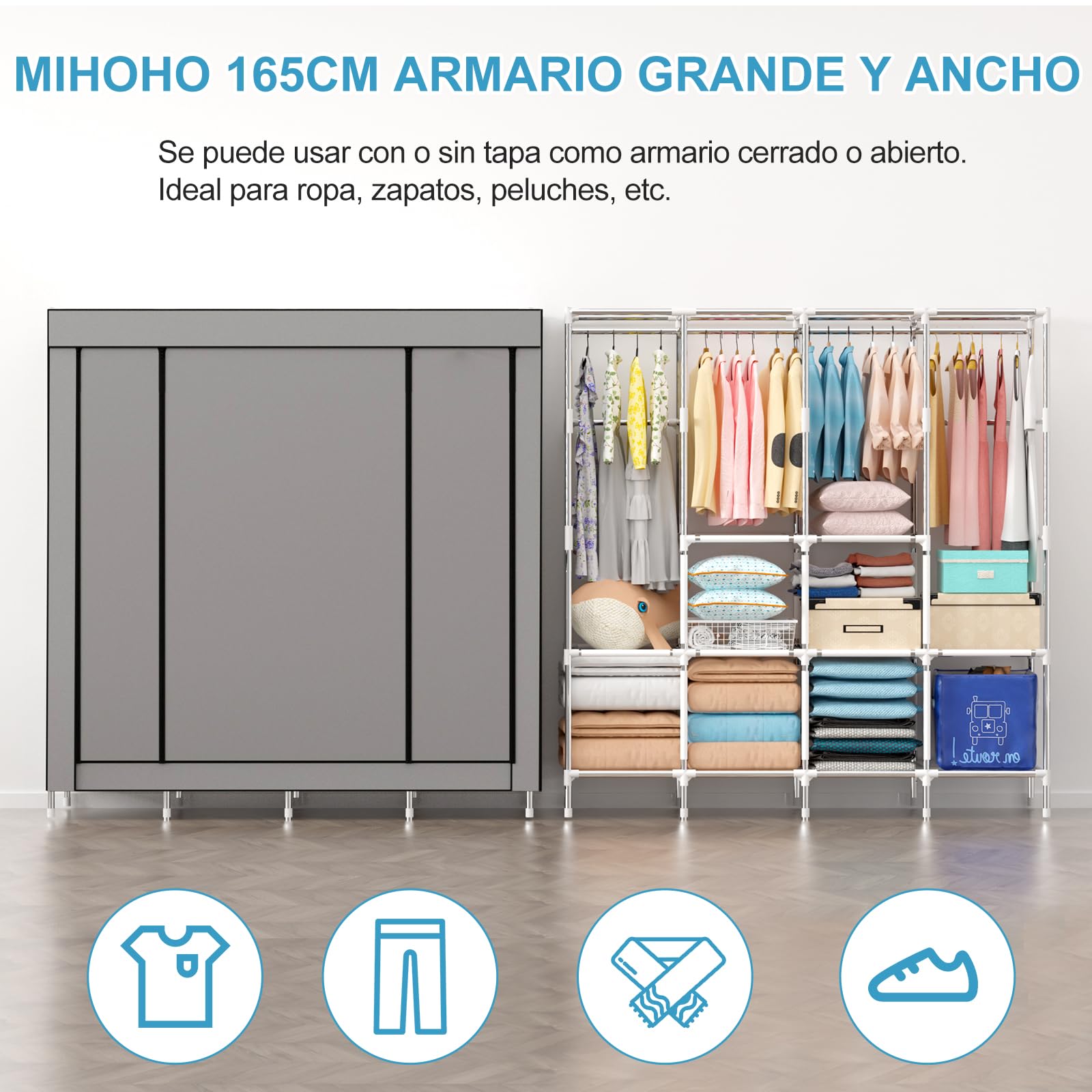 Mihoho Armario portátil de 170 cm para Colgar Ropa, Organizador de Ropa de Metal, Armario Independiente con Funda de Tela Oxford Negra, 165 cm x 170 cm x 45 cm (Gris, Extra Grande)