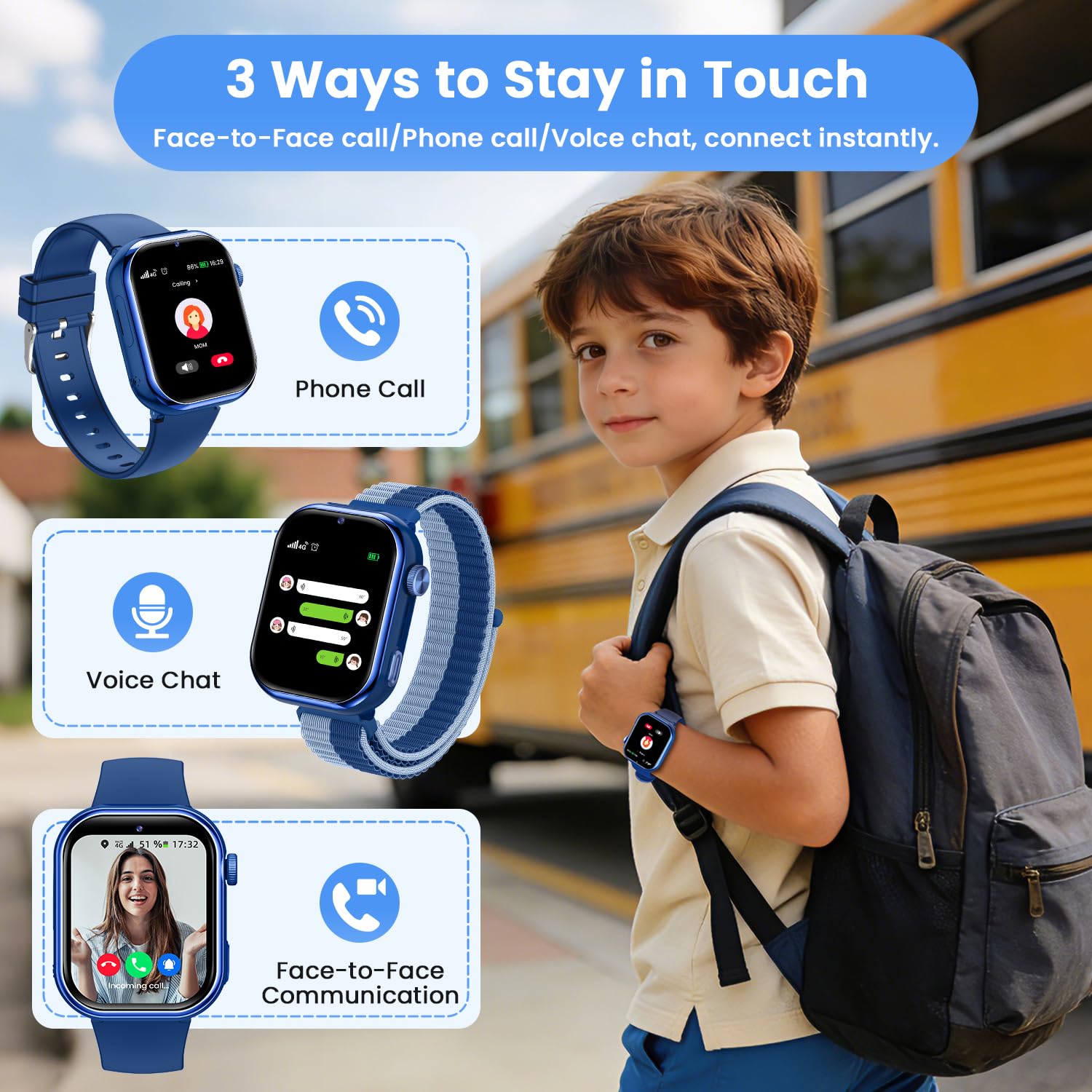 Reloj Inteligente Niño, 4G Smartwatch Niño con GPS y Llamadas, Doble Cámara, Videollamada, SOS, Modo Escuela, Despertador, Linterna, IP68, Podómetro, Regalo Niñas y Niños Azul, 3 Años Garantía