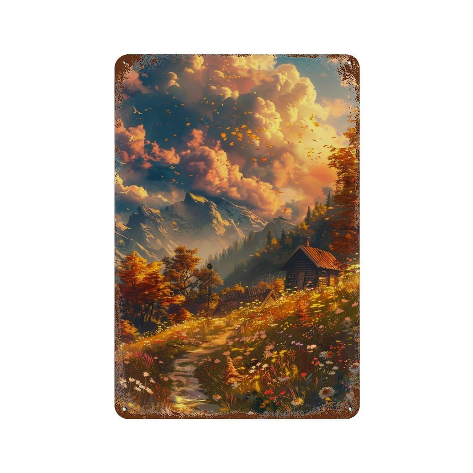 Autumnal Cabin in The Woods Aged Metal Wall Plaque 11.8"x7.9", Classic Wall Plaque for Garage, Pub Or Kitchen