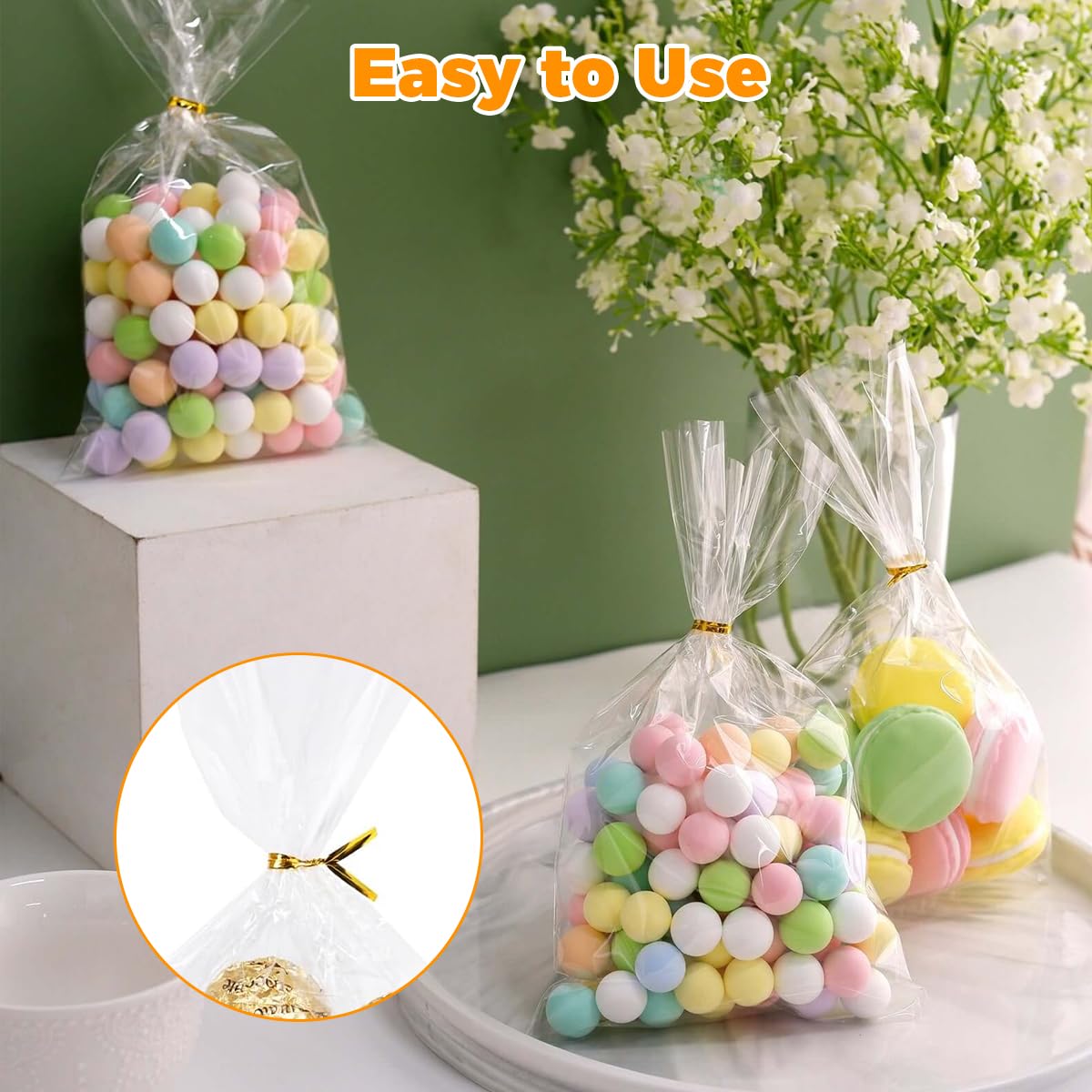 200 sacchetti di cellophane con 200 pezzi e 10 etichette adesive, sacchetto trasparenti per caramelle, regali OPP autoadesivi adatti per feste di compleanno, Pasqua