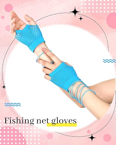 Miniatura 5 de Blulu Accesorios de disfraz de los años 80 para mujer, diadema de encaje, aretes de neón, guantes de red para fiesta retro de los años 80, Halloween