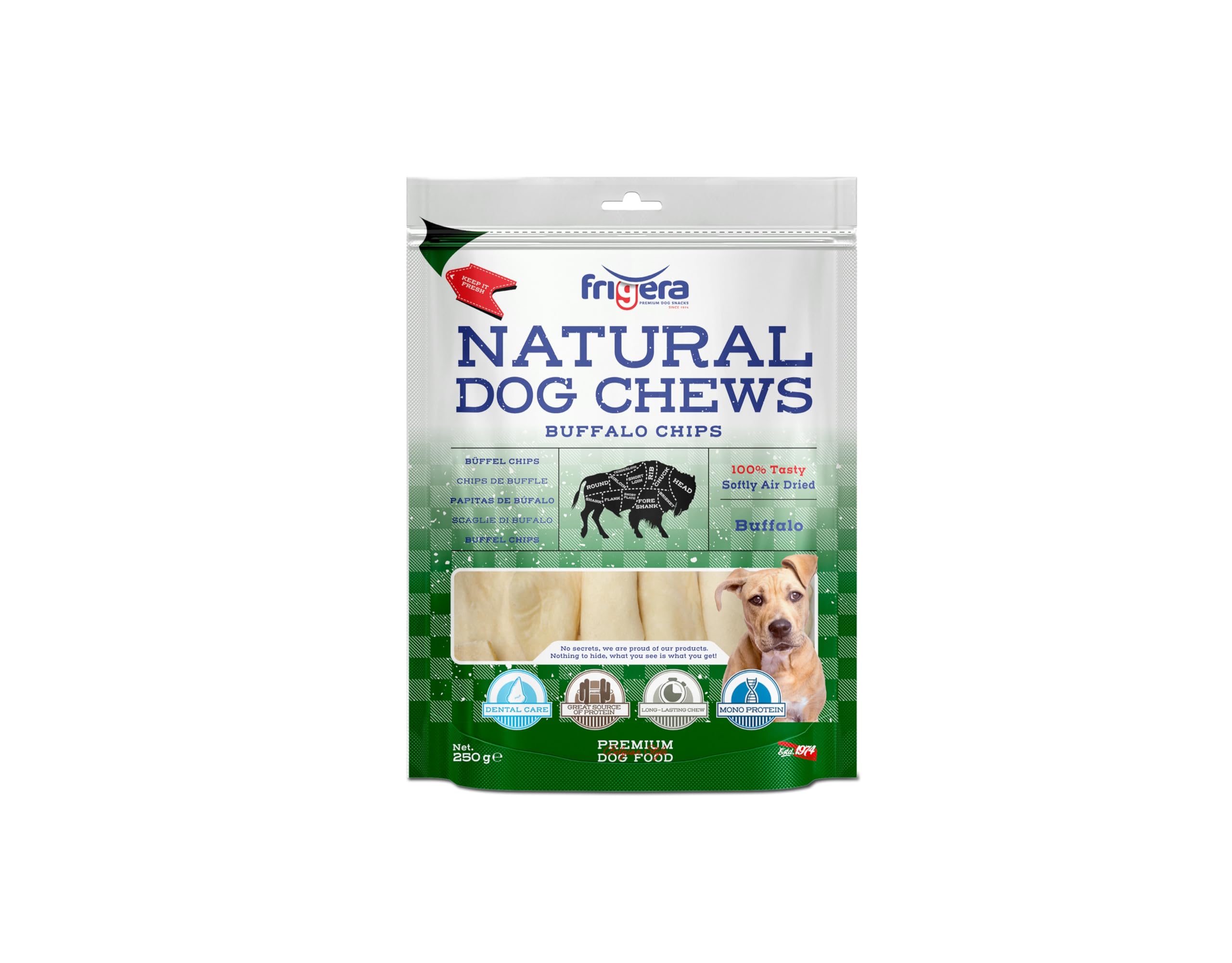 Frigera Chips de Buffle 250g – Friandises Naturelles et Riches en protéines pour Chiens, sans Gluten ni céréales, Snacks de qualité sans additifs