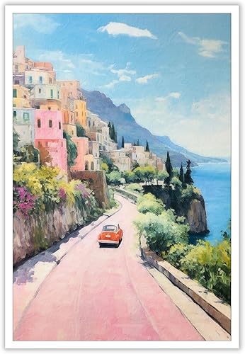 Quark Arte de pared retro de la costa de Amalfi, pintura costera de Italia, pósteres de pintura rosa pastel, decoración estética de preparación,