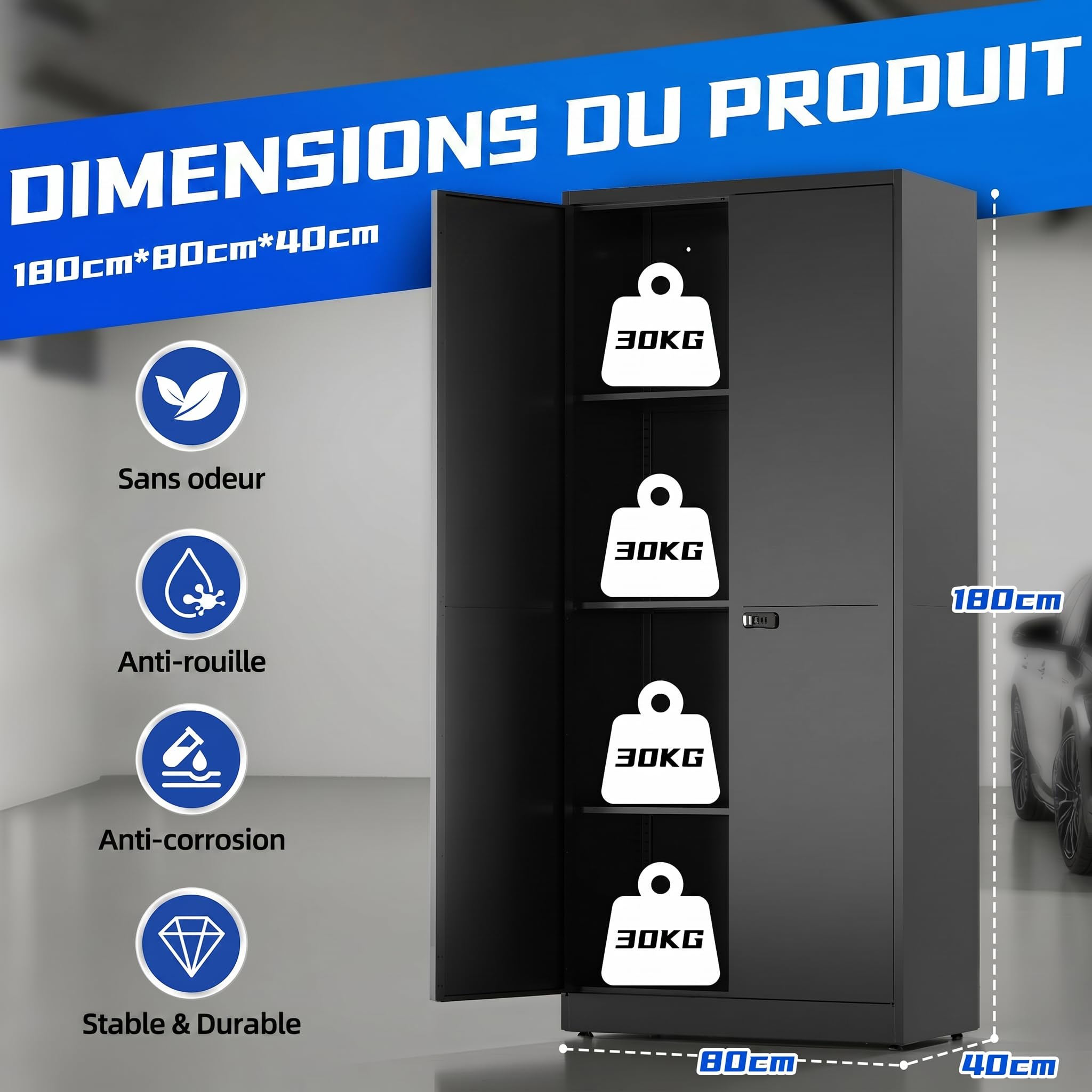 Armoire de Rangement Garage, Armoire Métallique avec Serrure à Combinaison, Cabinet de Stockage en Acier avec Étagères Réglables, Organisateur d'Outils et Maison, 40 x 80 x 180 cm, pour Bureau, Noir