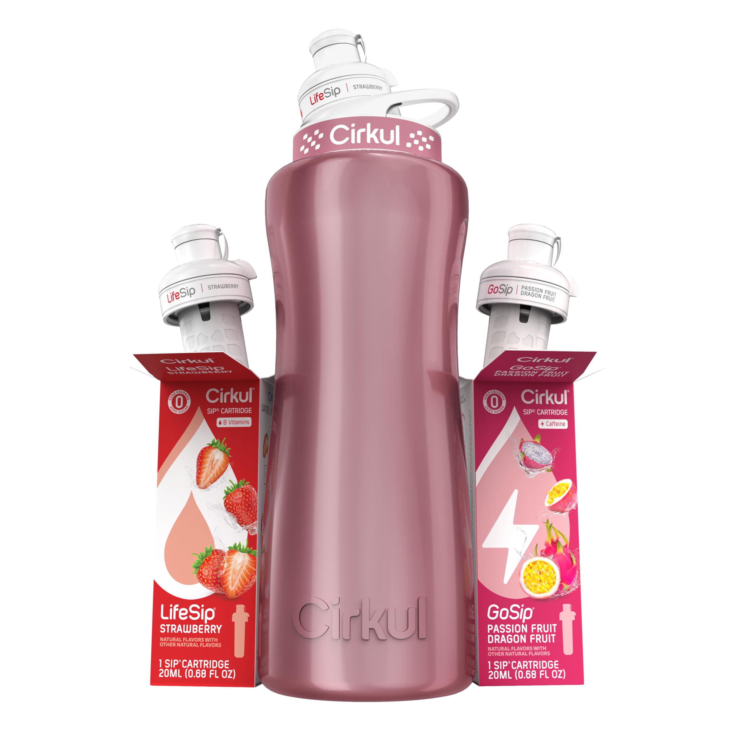 Cirkul32oz. Rose Gold Stainless Steel Water Bottle Starter Kit with Rose Gold Lid and 2 Flavor Cartridges (1 LifeSip Strawberry, 1 GoSip Passion Fruit Dragon Fruit) No Sugar, Zero Calorie Drink Mix
