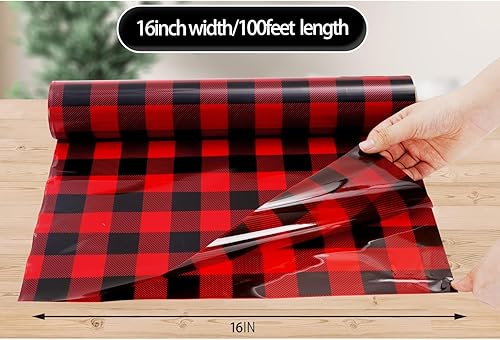 Miniatura 2 de Whaline Rollo de papel de envoltura de celofán de Navidad, color negro y rojo, a cuadros, transparente, con cinta, cesta de regalo de plástico, para