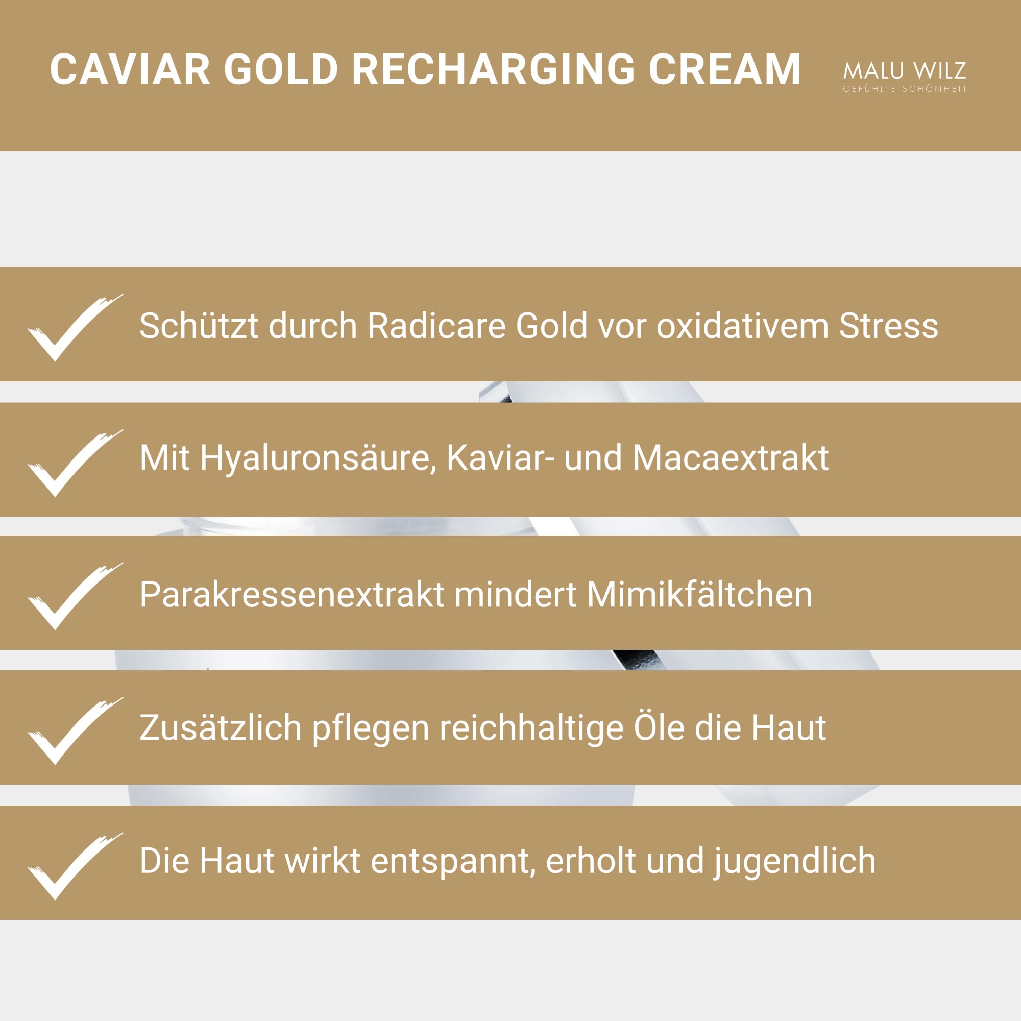 Malu Wilz Caviar Gold Recharging Cream 50ml I Gesichtscreme Damen I Pflegende, feuchtigkeitsspendende Anti Falten Creme I Verlangsamt die Hautalterung
