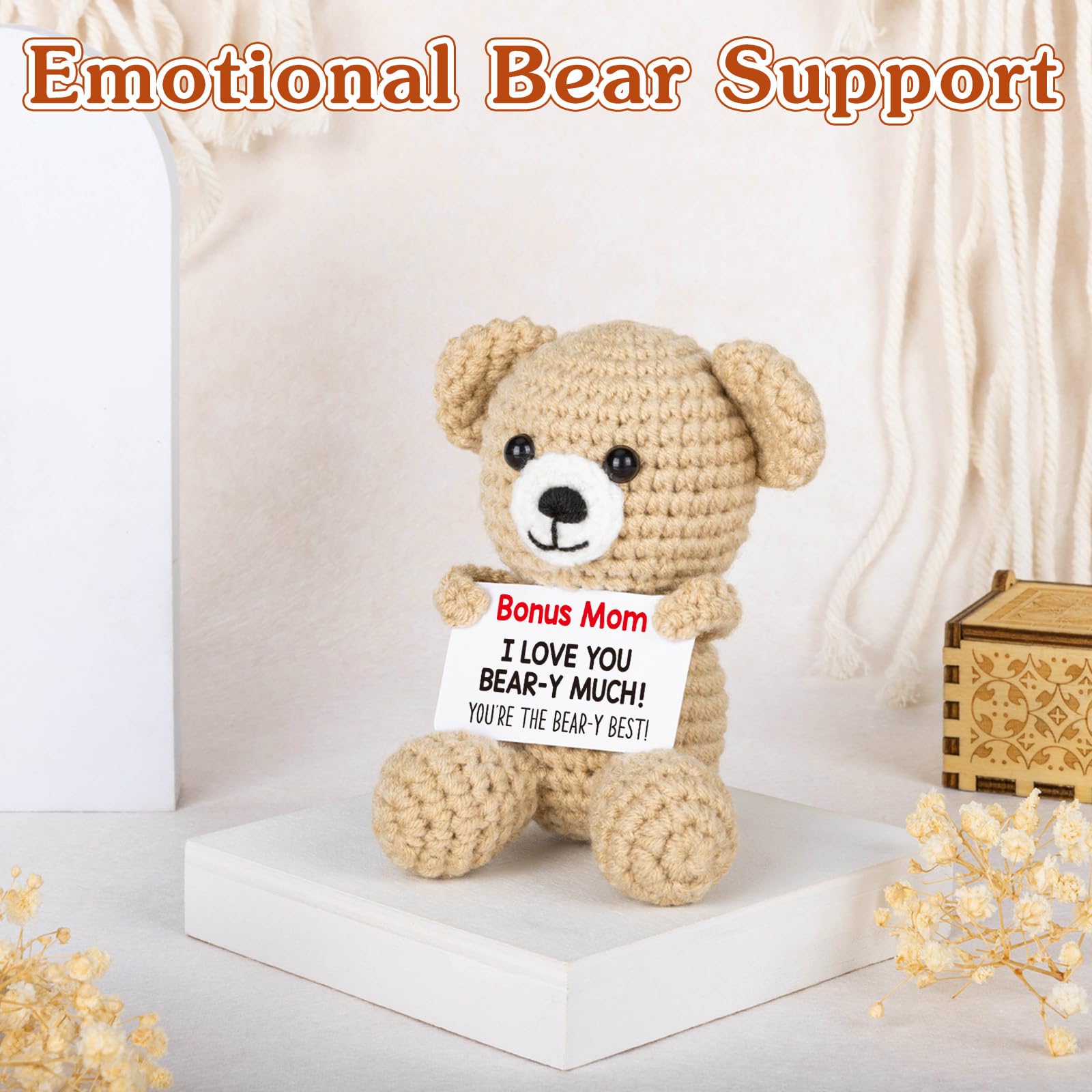 WELLBANEE Mother Gift Bonus Mom, Handmade Crochet Bear for Sentimental Mothers Day Birthday Present for Stepmom, Appreciation Keepsake for The Best Bonus Mom Ever, Small Desk or Shelf Décor Bear