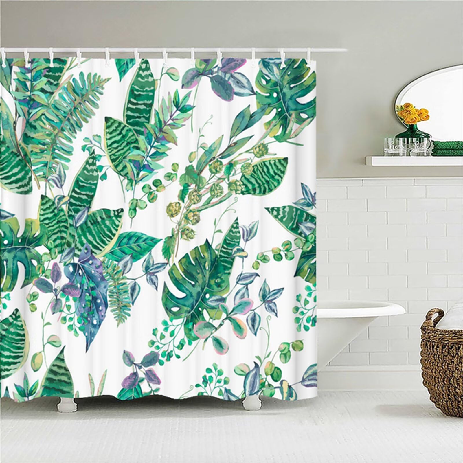 Feuilles vertes Rideau Douche W180cm x L240cm Rideaux de Douche Anti Moisissure Tissu Imperméable avec Crochets,Rideaux Lourd Polyester Lavable,3D Shower Curtain Baignoire Salle de Bains Decor M-37