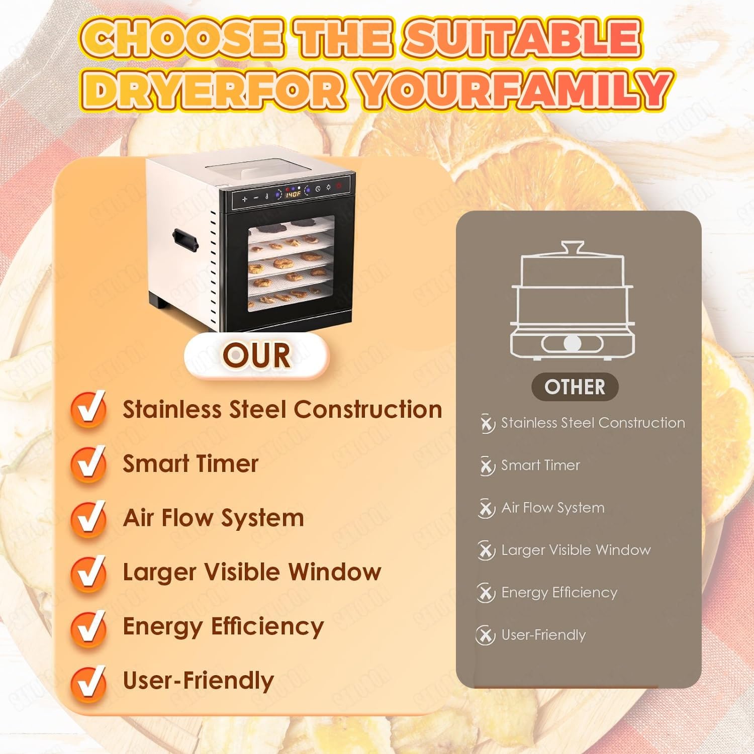 Deshidratador digital silencioso de 400 W, 6/8 bandejas, puerta de vidrio y flujo de aire 360°.35–74 °F, funcionamiento eficiente para elaborar snacks saludables, frutas desecadas