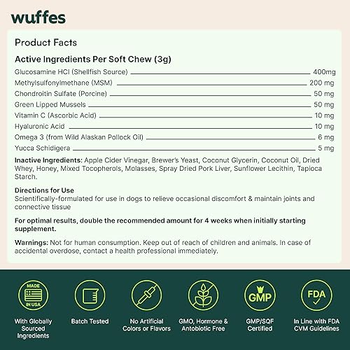 Miniatura 8 de Wuffes Suplemento avanzado para cadera y articulaciones de perro con glucosamina, condroitina, omega 3, MSM y mejillón de labios verdes (paquete de