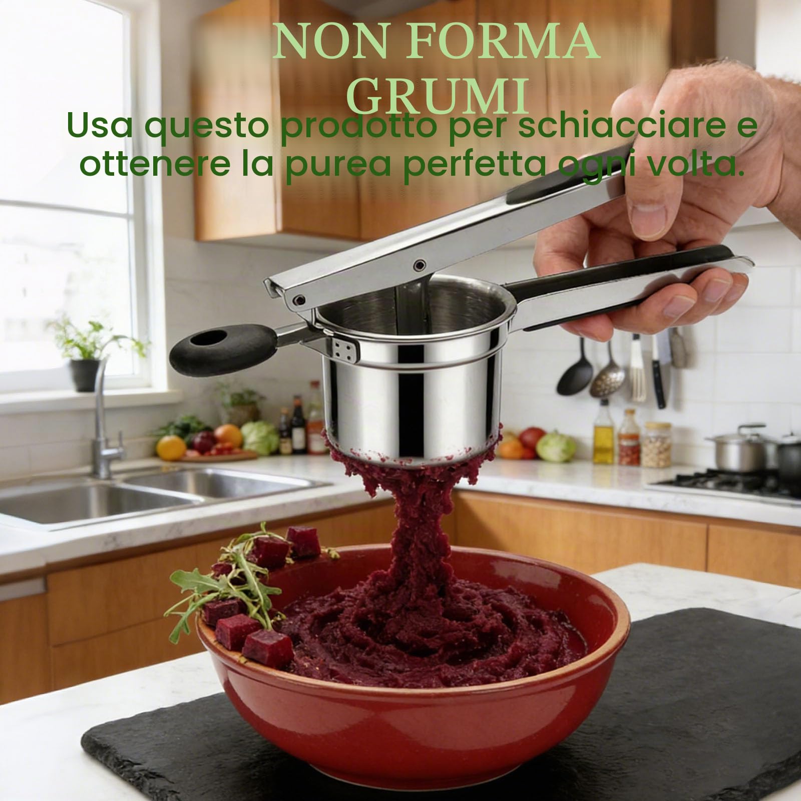 Schiacciapatate Acciaio Inox con 3 Setacci Spaetzle Intercambiabili per Purè di Patate Frutta Verdure