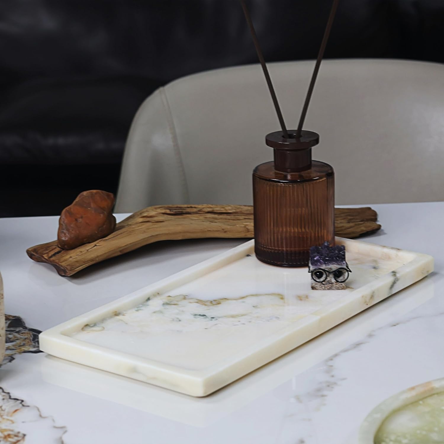 Solid Natural Marble Vanity Tray - 11.8"x5.9" Rectangular Bathroom & Dresser Organizer, Non-Resin Stone Tray for Jewelry/Perfume, Marble Trays for Decor Rectangl