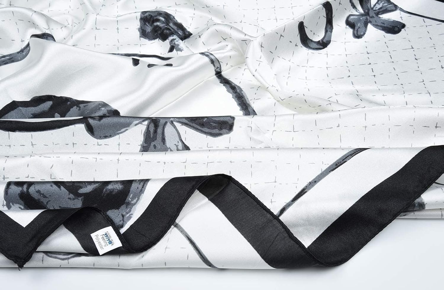 vabovin Women's 35" Satin Square Silk Like Hair Scarves and Wraps Headscarf for Sleeping 03- White Black Flowers