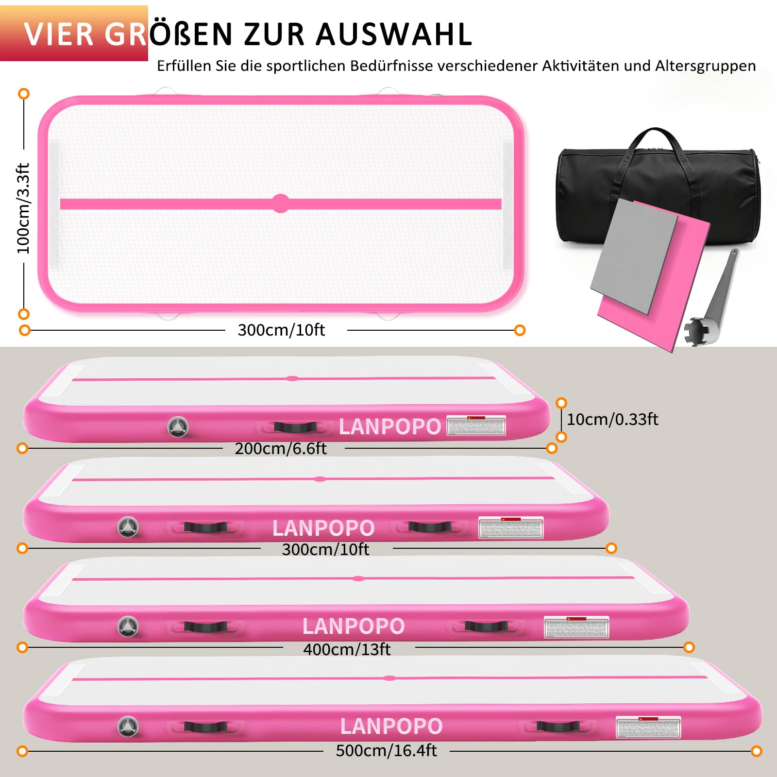 Airtrack Gymnastikmatte – Aufblasbare Turnmatte 2M/3M/4M/5M in Pink, Luftdicht, Weich Aber Stabil, Einfach Aufzubauen & zu Verstauen – Für Kinder, Zuhause, Yoga, Cheerleading & Wasserspaß