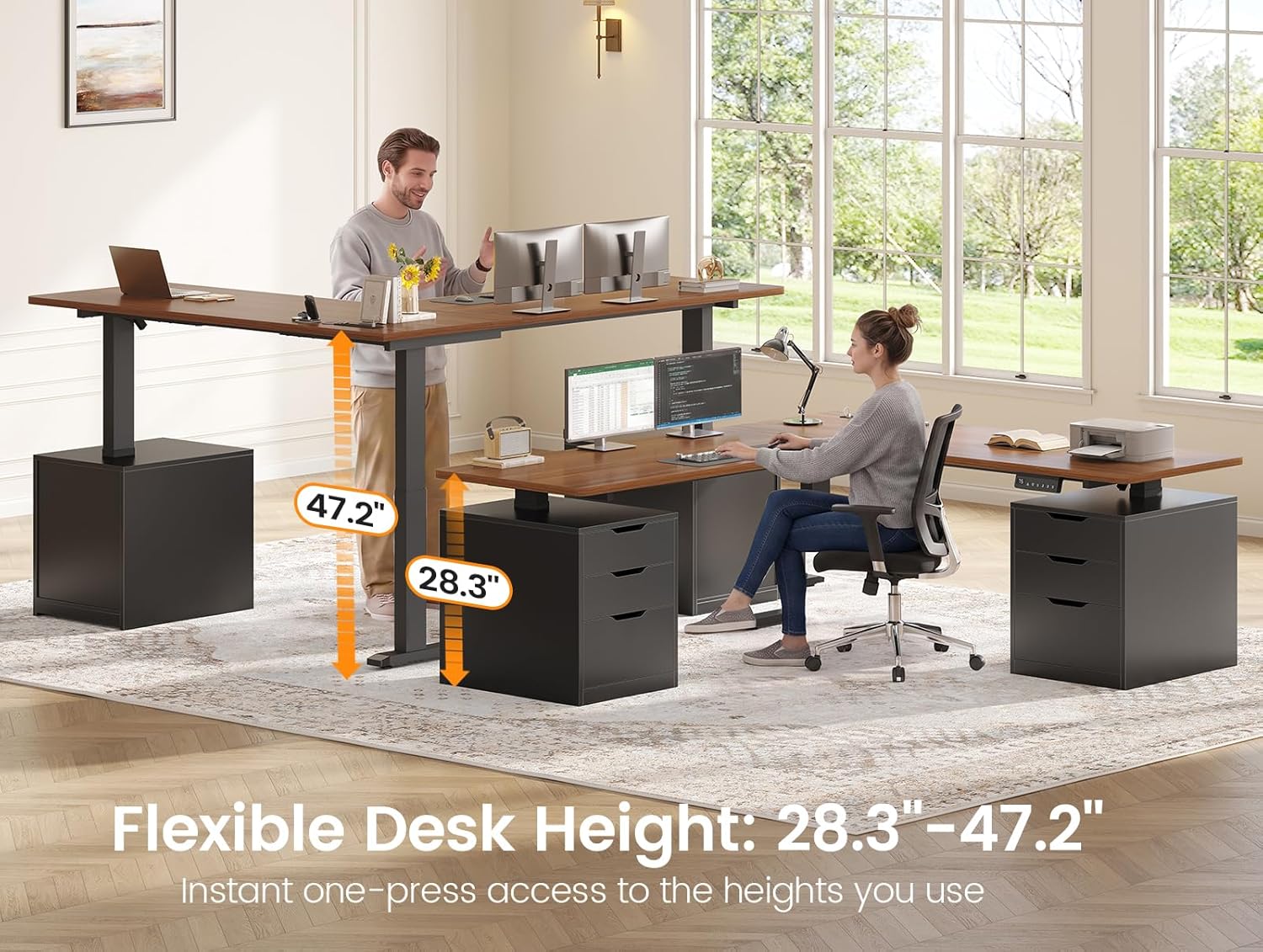 Two people using the SEDETA standing desk, demonstrating height adjustment from 28.3 to 47.2 inches