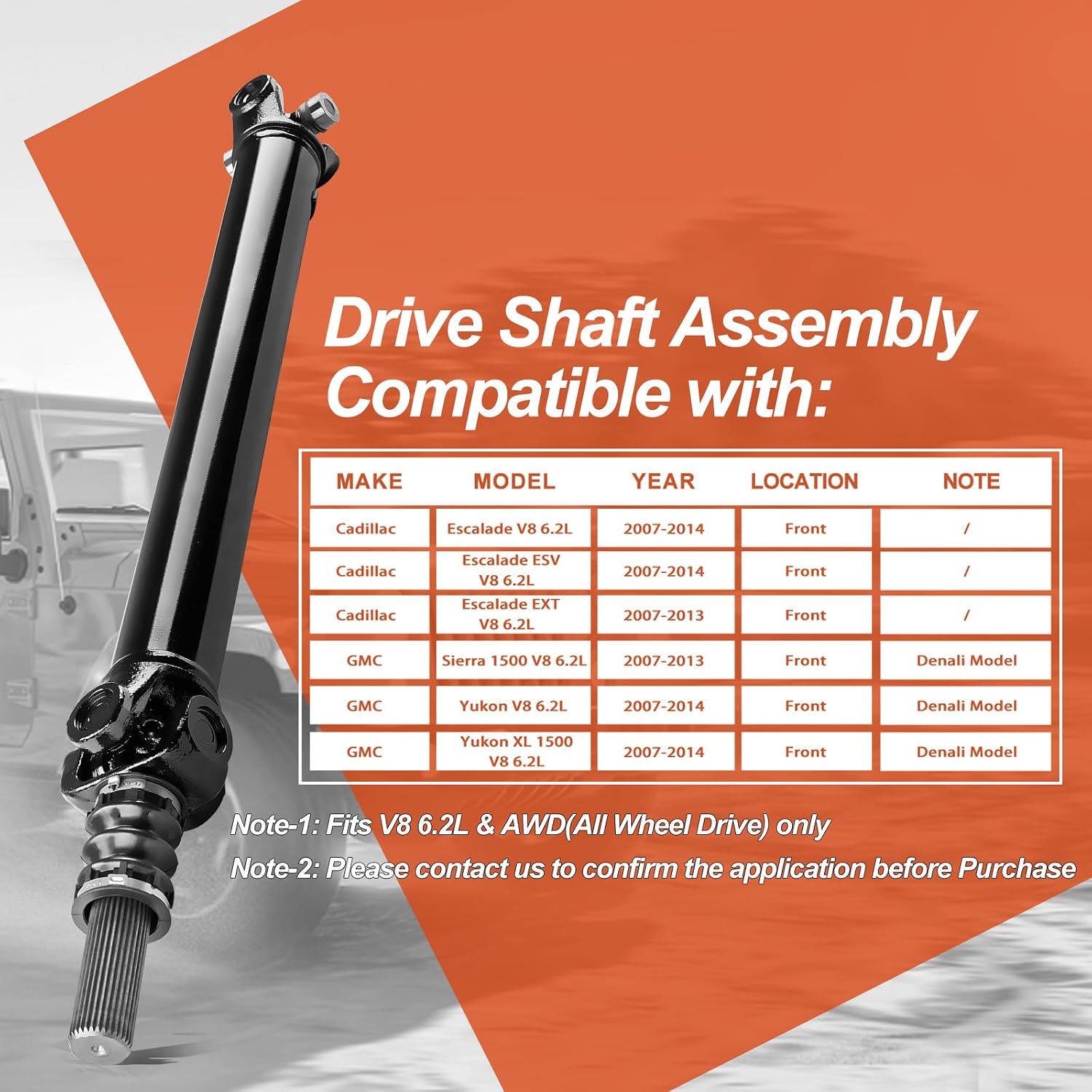 Front Drive Shaft Prop Shaft Driveshaft Assembly Compatible with GMC Sierra 1500 2007-2013, Yukon, Yukon XL 1500 & Cadillac Escalade ESV, Escalade EXT 2007-2014, AWD, Replace OE 22845693, 938-075