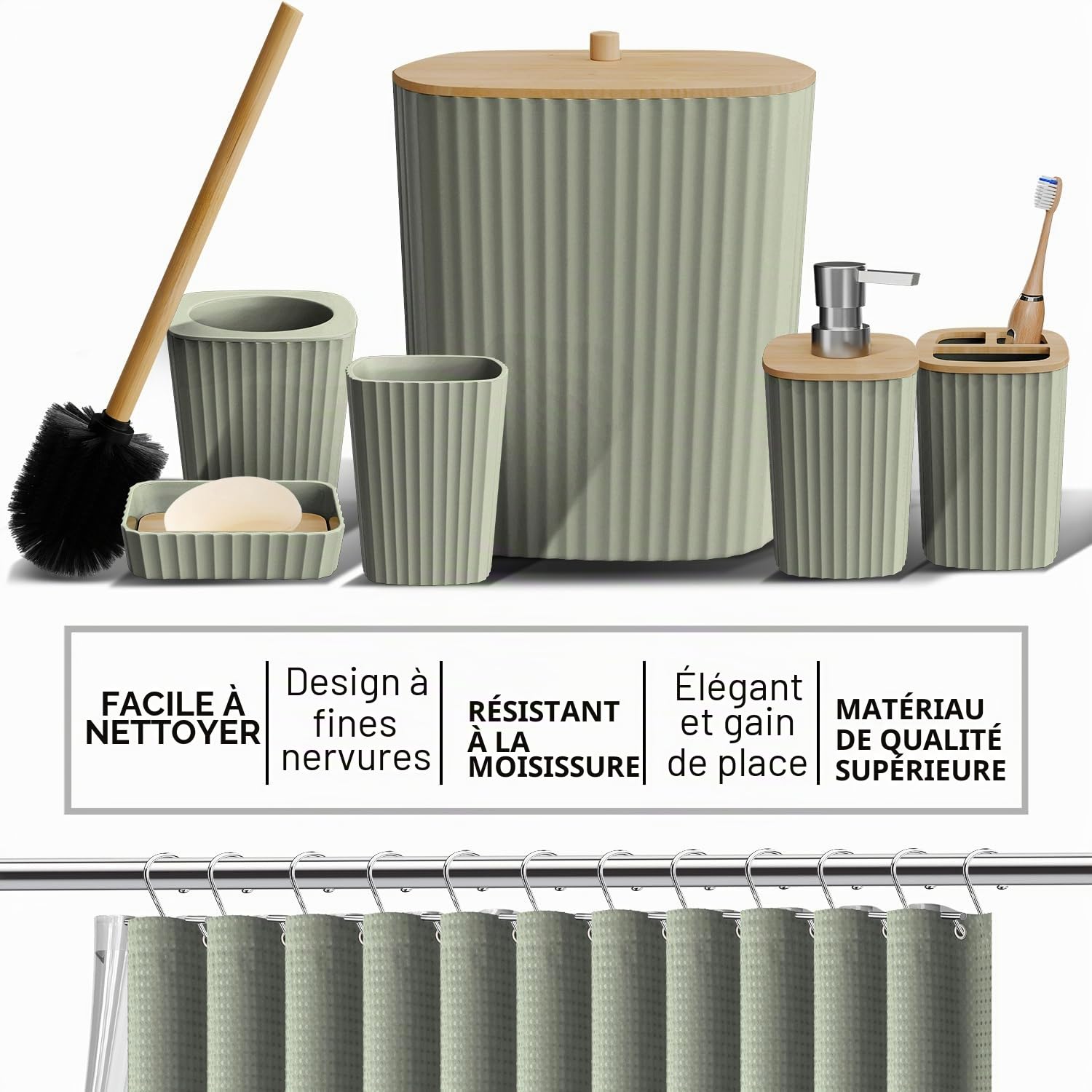 Clara Clark Ensemble d'accessoires de Salle de Bain – Ensemble d'accessoires de Salle de Bain avec Rideau de Douche, Brosse WC, Poubelle et Distributeur de Savon (Vert Sauge)