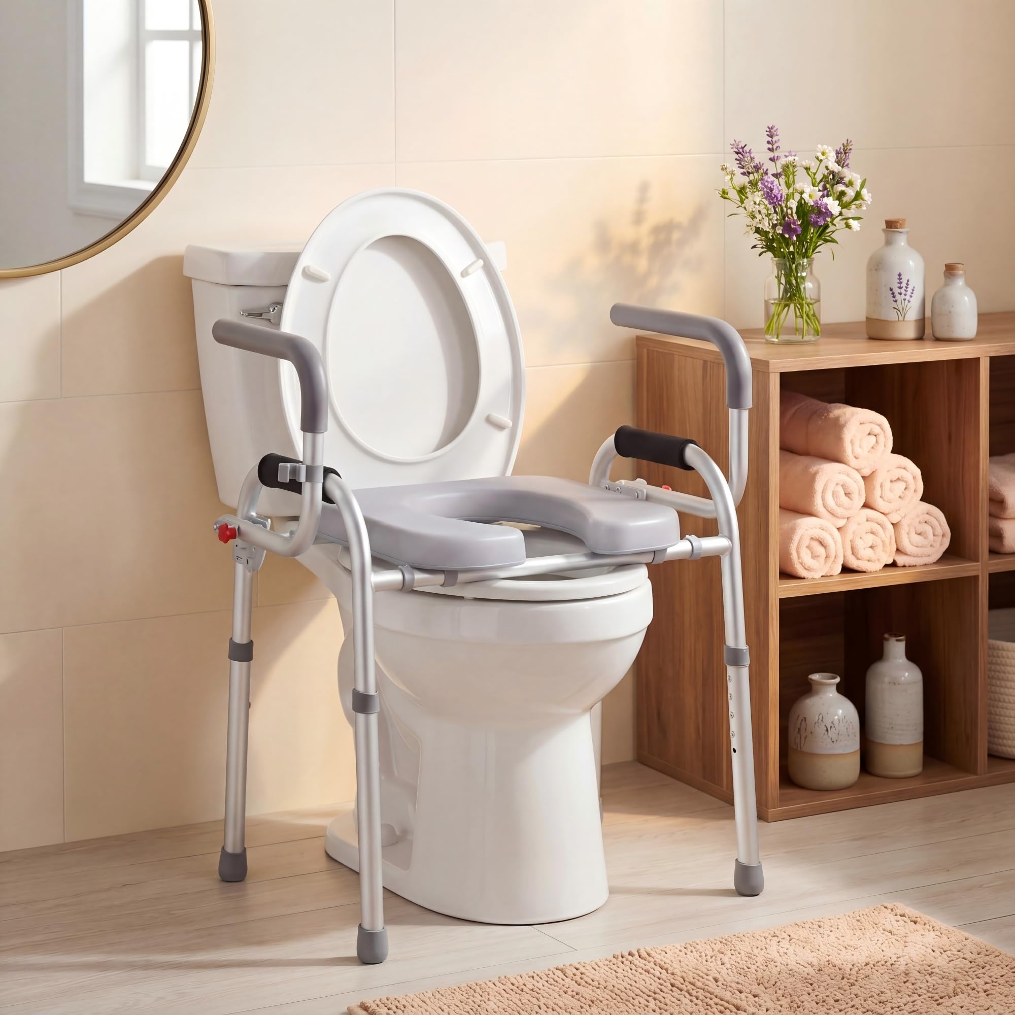 RELAX4LIFE Rialzo WC per Anziani, Lega di Alluminio, Maniglia Antiscivolo, Altezza Regolabile da 49 a 59 cm, Supporto per Doccino, Carico max. 136kg, Sedia WC Disabili