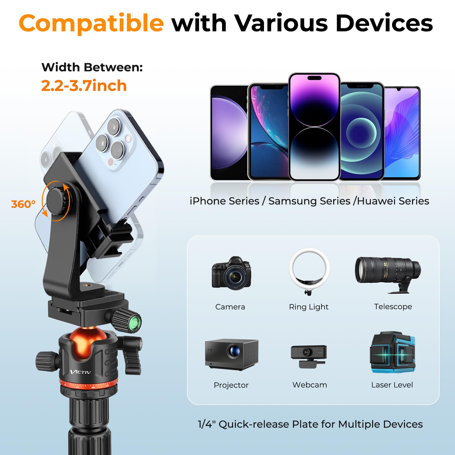 Victiv 259cm Treppiede Fotocamera e Smartphone, Cavalletto Fotografico in Alluminio con Braccio Orizzontale, Treppiedi Reflex da Viaggio Per Sony Canon Nikon, Carico Massimo 8 Kg