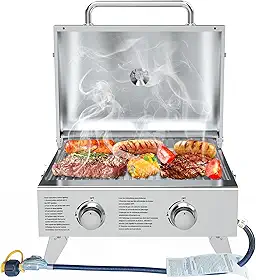 Churrasqueira a gás propano portátil de 2 bocas com pernas dobráveis para acampamento ao ar livre, cozinhar, dois queimadores de 10.000 BTU de aço inoxidável e termômetro embutido, estilo