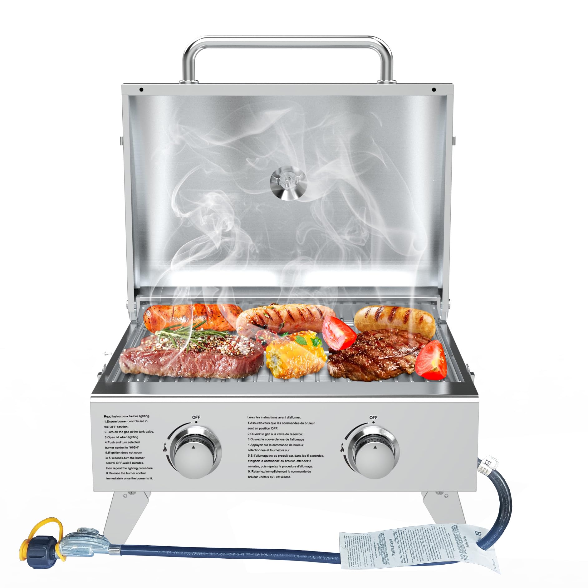 BBQCuker Griglia a gas propano portatile a 2 fuochi da tavolo con gambe pieghevoli per campeggio all'aperto cucinare due bruciatori da 10.000 BTU in acciaio inossidabile e termometro integrato stile